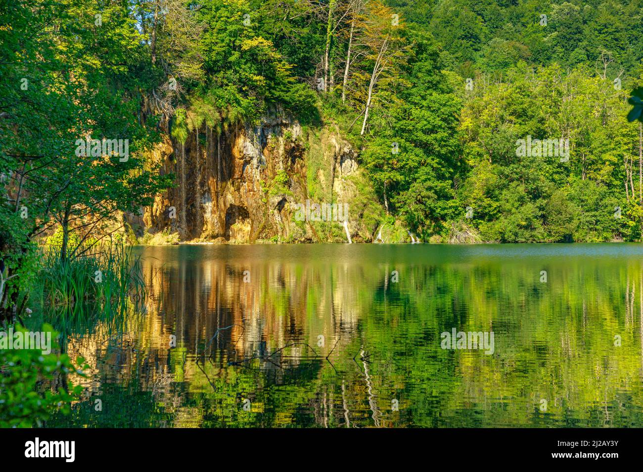 Galovac See mit kleinem Wasserfall im Nationalpark Plitvicer Seen in der Region Lika. UNESCO-Weltkulturerbe. Stockfoto