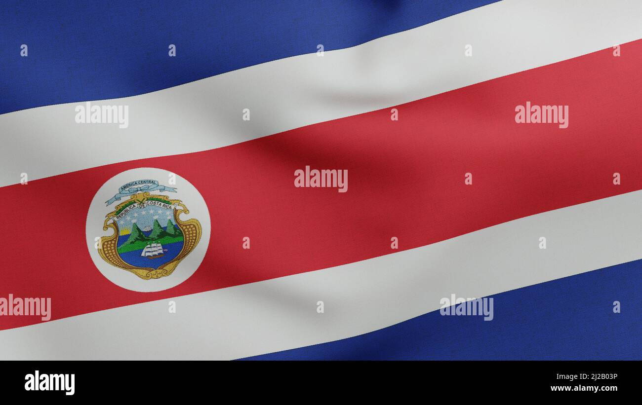 Nationalflagge von Costa Rica winkt 3D Render, Republik Costa Rica Flaggenstoff, entworfen von Pacifica Fernandez und enthält Wappen von Costa Stockfoto