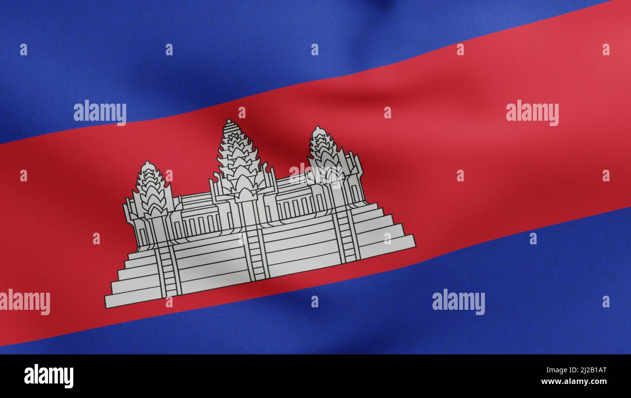 Nationalflagge von Kambodscha winkt 3D Render, Königreich Kambodscha Flagge Textil, Angkor Wat oder Lon Nols Khmer Republik, Unabhängigkeitstag von Kambodscha Stockfoto