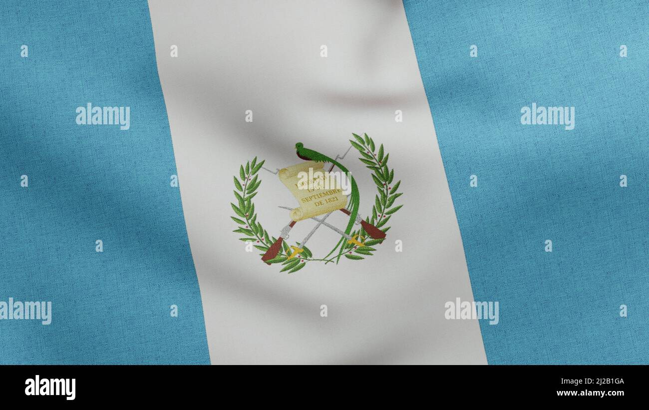 Nationalflagge Guatemalas winkt 3D Render, Flagge Guatemalas Textil mit Maya-Blau, Wappen Guatemalas Unabhängigkeitstag Stockfoto