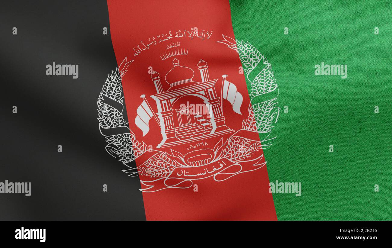 Flagge Afghanistans winken 3D Render, Islamische Republik Afghanistan Flagge nationales Emblem Wappen Afghanistan Textil, Flagge fallen von Stockfoto