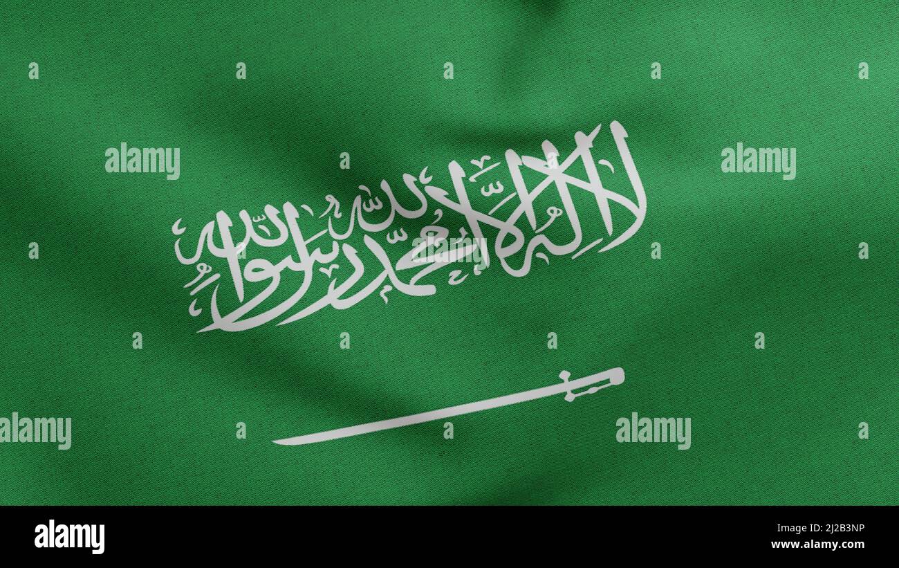 Nationalflagge von Saudi-Arabien winkt 3D Render, Königreich Saudi-Arabien Flagge Textil KSA, Wappen Saudi-Arabiens Unabhängigkeitstag, Arabisch Stockfoto