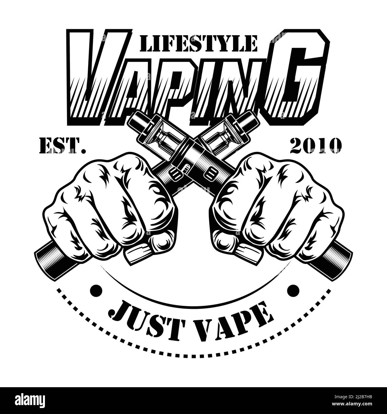 E-Zigaretten Vektor Illustration. Männliche menschliche Hände halten gekreuzte elektronische Zigaretten, Lebensstil Text. Retail-Konzept für Vape Bar oder Store Label, Stock Vektor