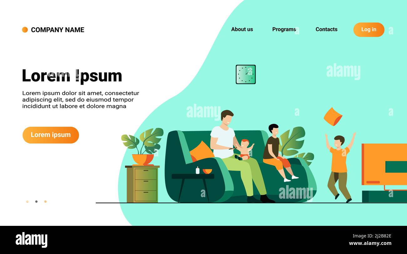 Familie und Elternschaft Konzept. Cartoon Vater Fütterung jüngsten Sohn im TV im Wohnzimmer, während andere Jungen spielen zusammen. Vektorgrafik Stock Vektor