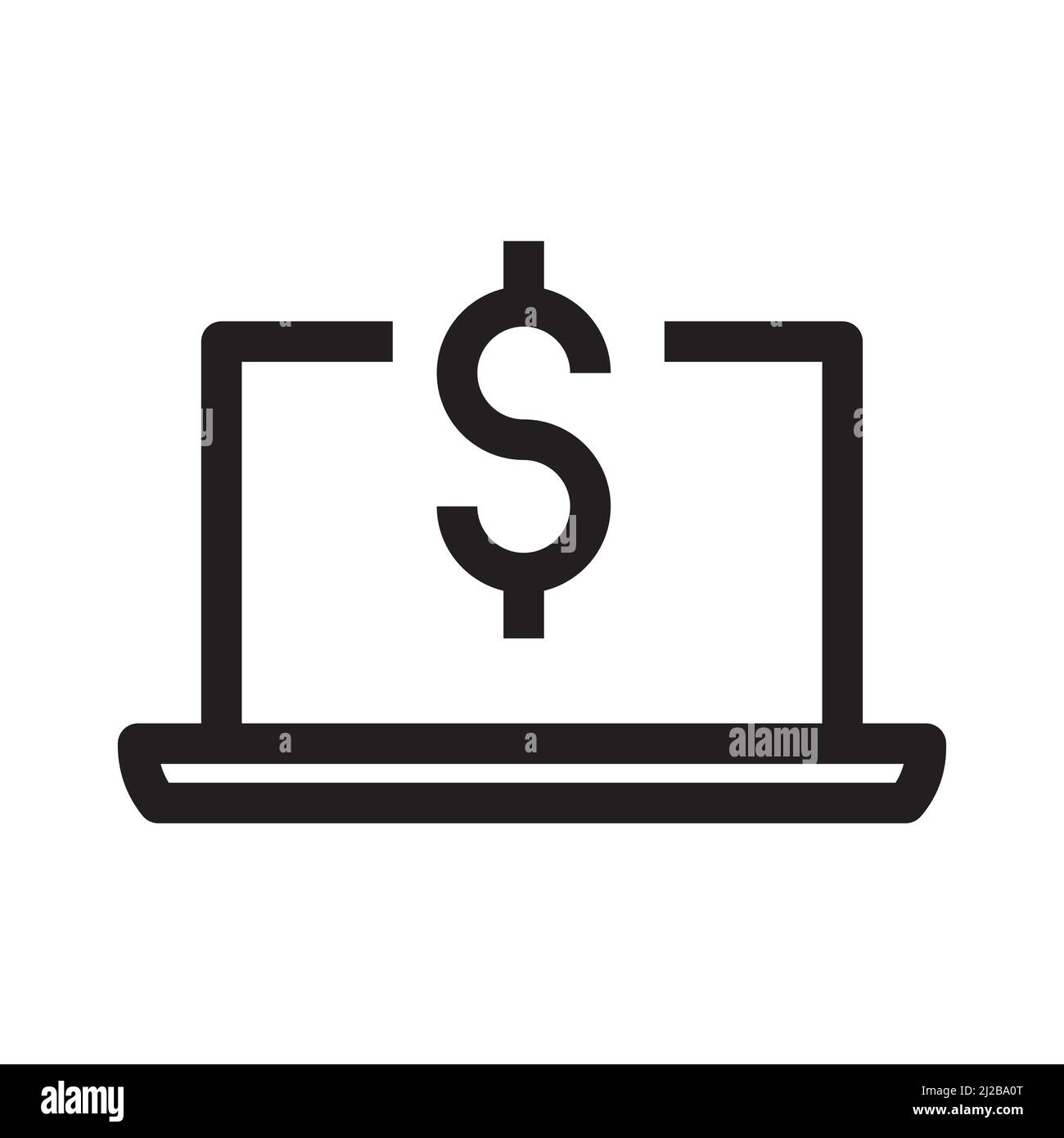 Geld- und Laptop-Symbol in Umrissform auf weißem Hintergrund Stock Vektor