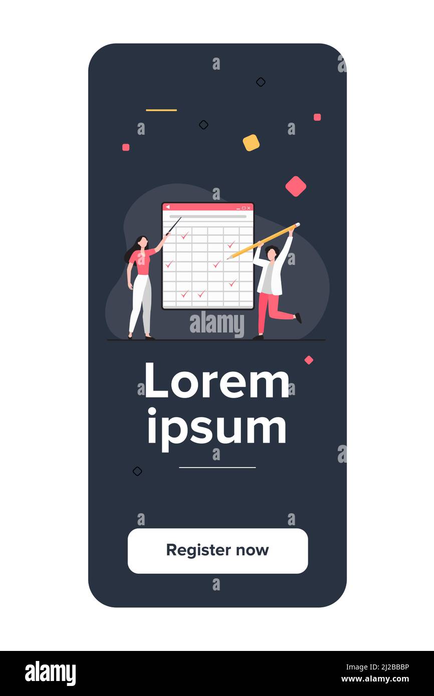 Der Lehrer erklärt die Aufgabe. Student bestandener Test, Zeichnung Zecken in Matrix flache Vektor-Illustration. Bildung, Klasse, Unterrichtskonzept für Banner, Website Stock Vektor