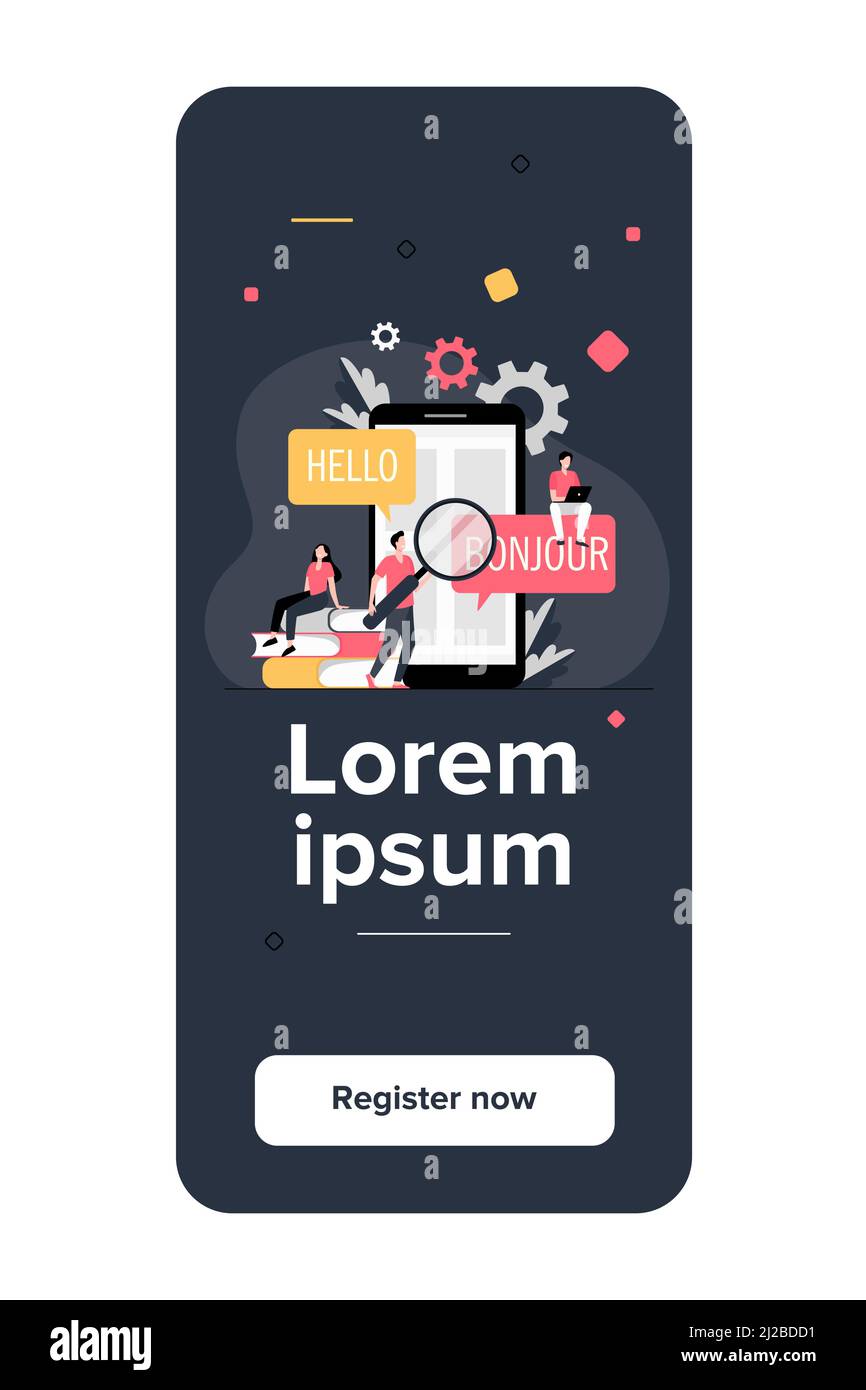 App wird auf dem Mobiltelefon übersetzt. Personen, die Online-Übersetzungsdienst verwenden und aus dem Englischen ins Französische übersetzen. Vektor-Illustration für Fremdsprache Stock Vektor