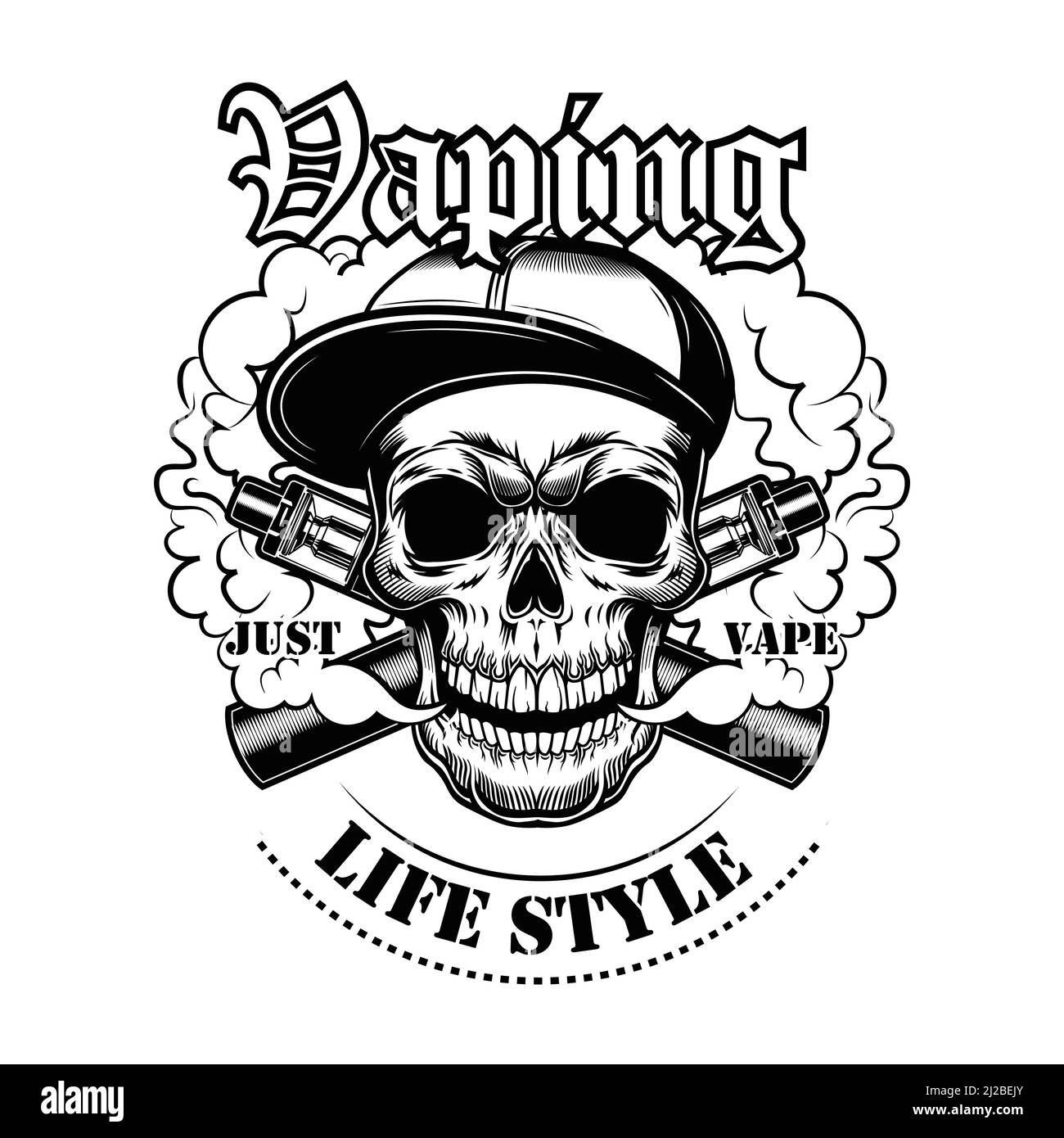 Vaping Schädel in Gangsta Kappe Vektor Illustration. Stilvoller Charakter in Hut mit elektronischen Zigaretten und Dampf, Lifestyle-Text. Retail-Konzept für vap Stock Vektor