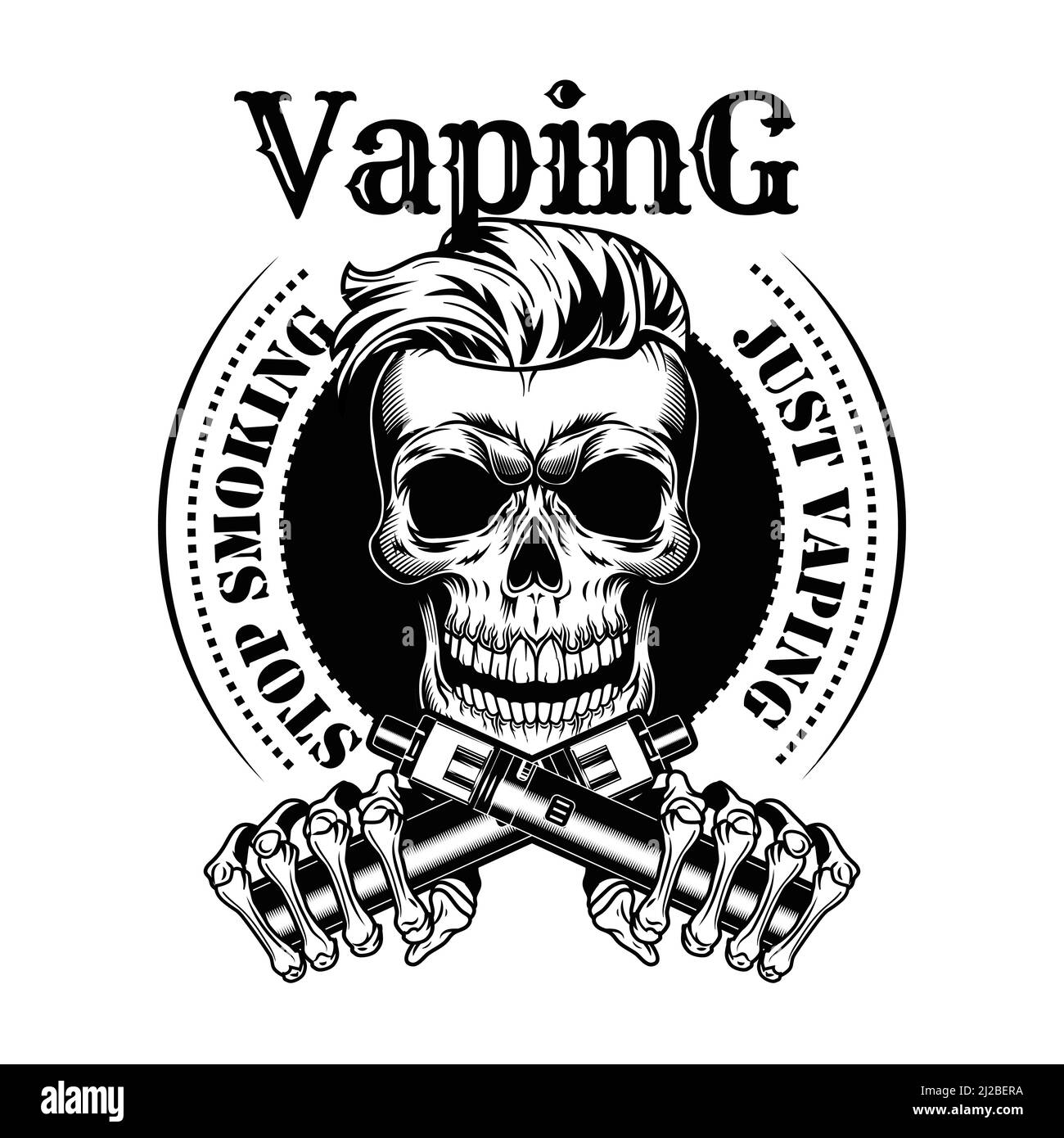 Vektor-Illustration des dampfenden Schädels. Trendiger Hipster bärtiger Charakter mit nikotinfreien Zigaretten, Stempel und Stop Smoking Text. Retail-Konzept für Vape Stock Vektor