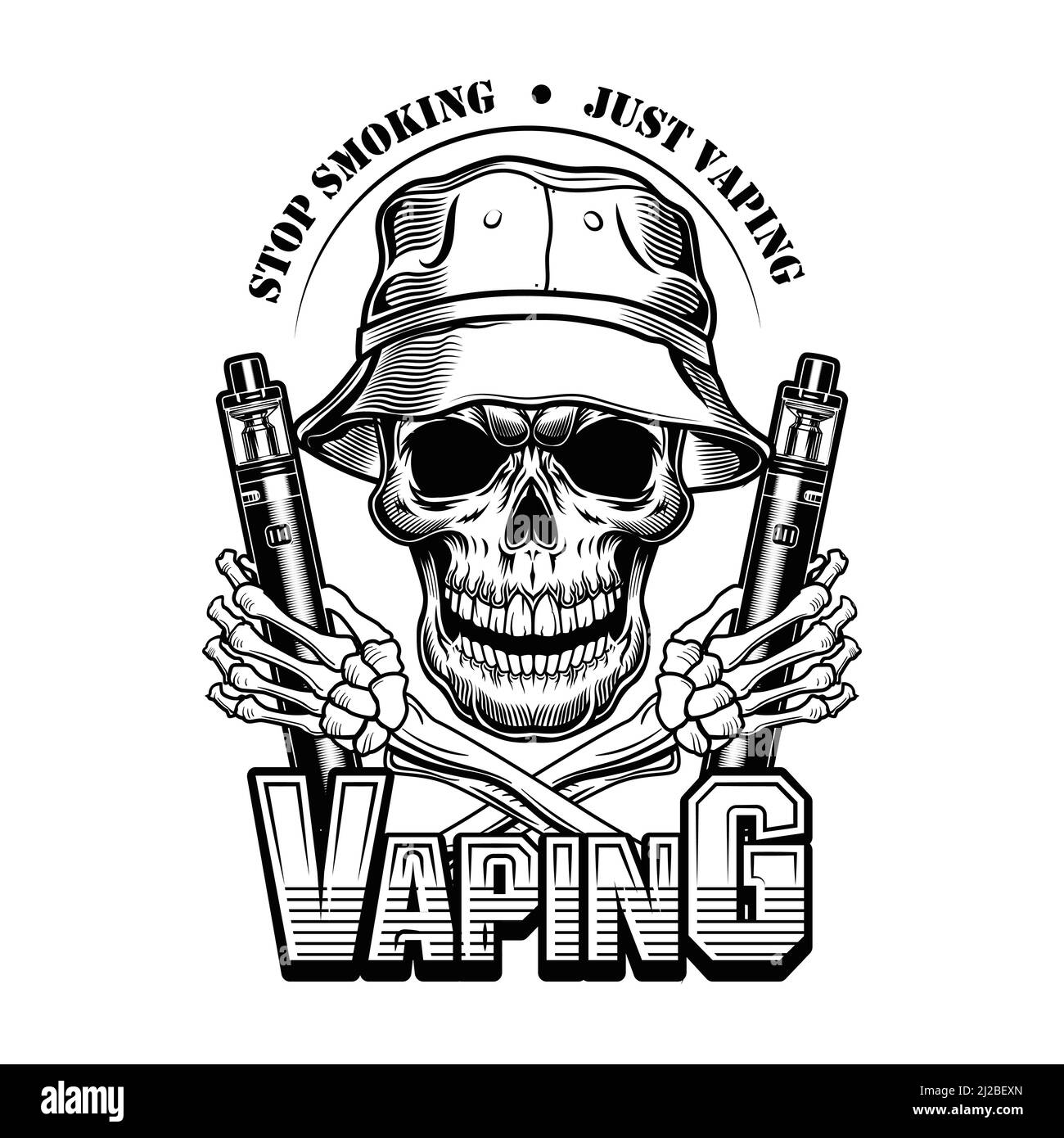 Vaping Schädel in panama Vektor-Illustration. Trendy Charakter in Hut mit elektronischen Zigaretten, aufhören zu rauchen Text. Retail-Konzept für Vape Bar oder Stor Stock Vektor