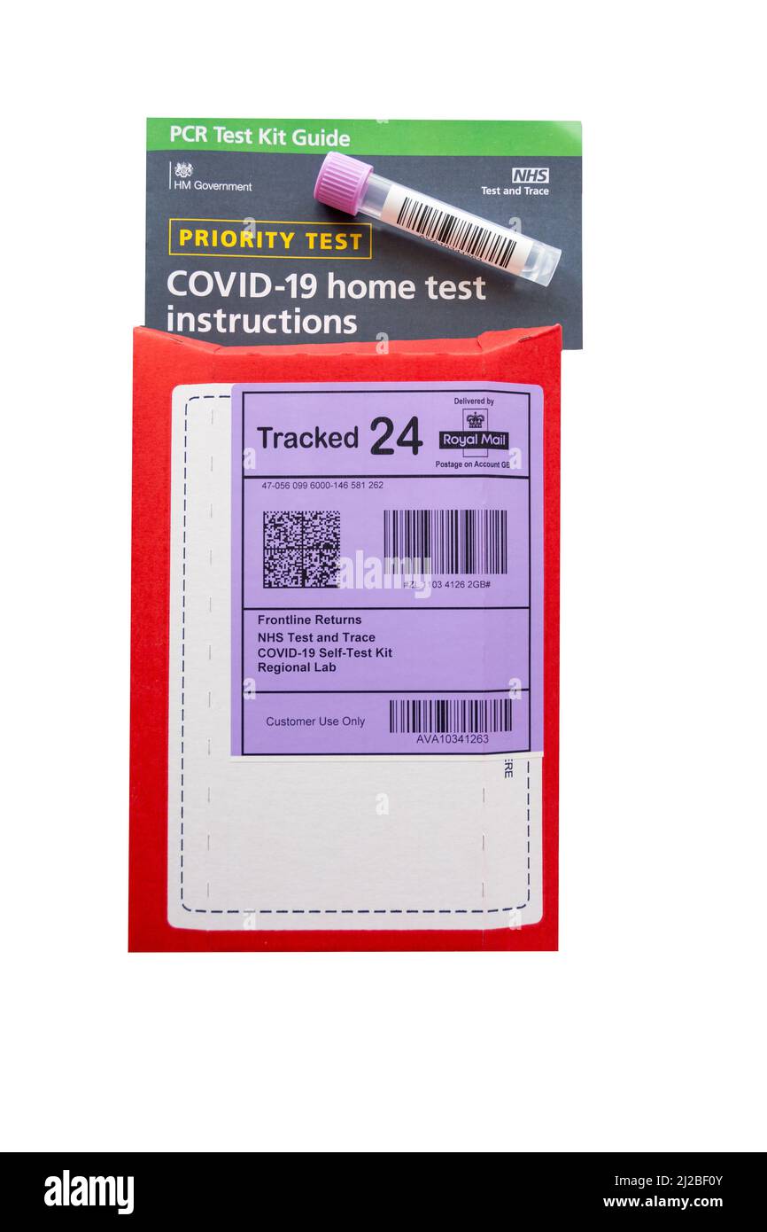 Anleitung zum COVID-19-Hometest – NHS PCR Test und Trace Covid Self Test Kit Stockfoto