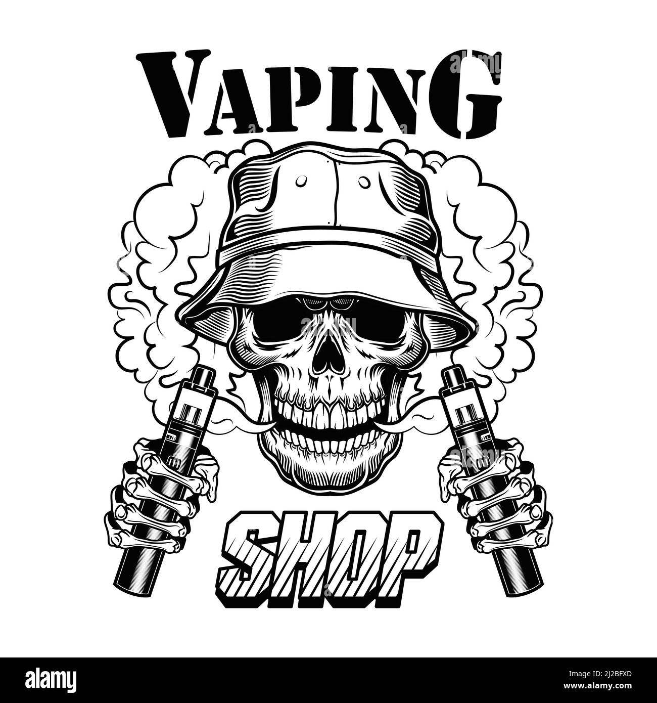 Vektorgrafik für Vape Shop. Trendiger Hipster Vaper Totenkopf mit elektronischen Zigaretten und Dampf. Lifestyle-Konzept für Vape Bar oder Store Label, Poster Stock Vektor