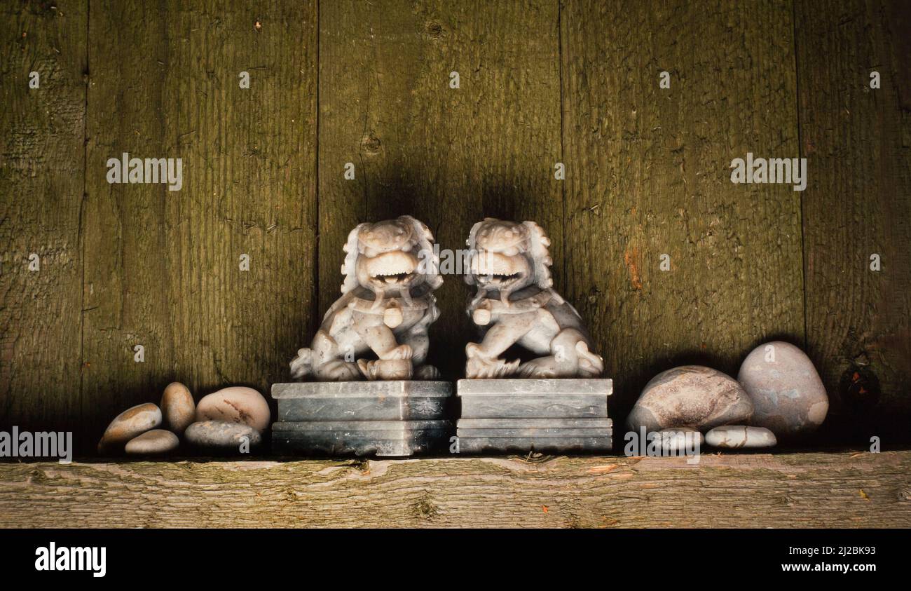 Geschnitzte chinesische Seifensteine Löwen, Guardlions Stockfoto
