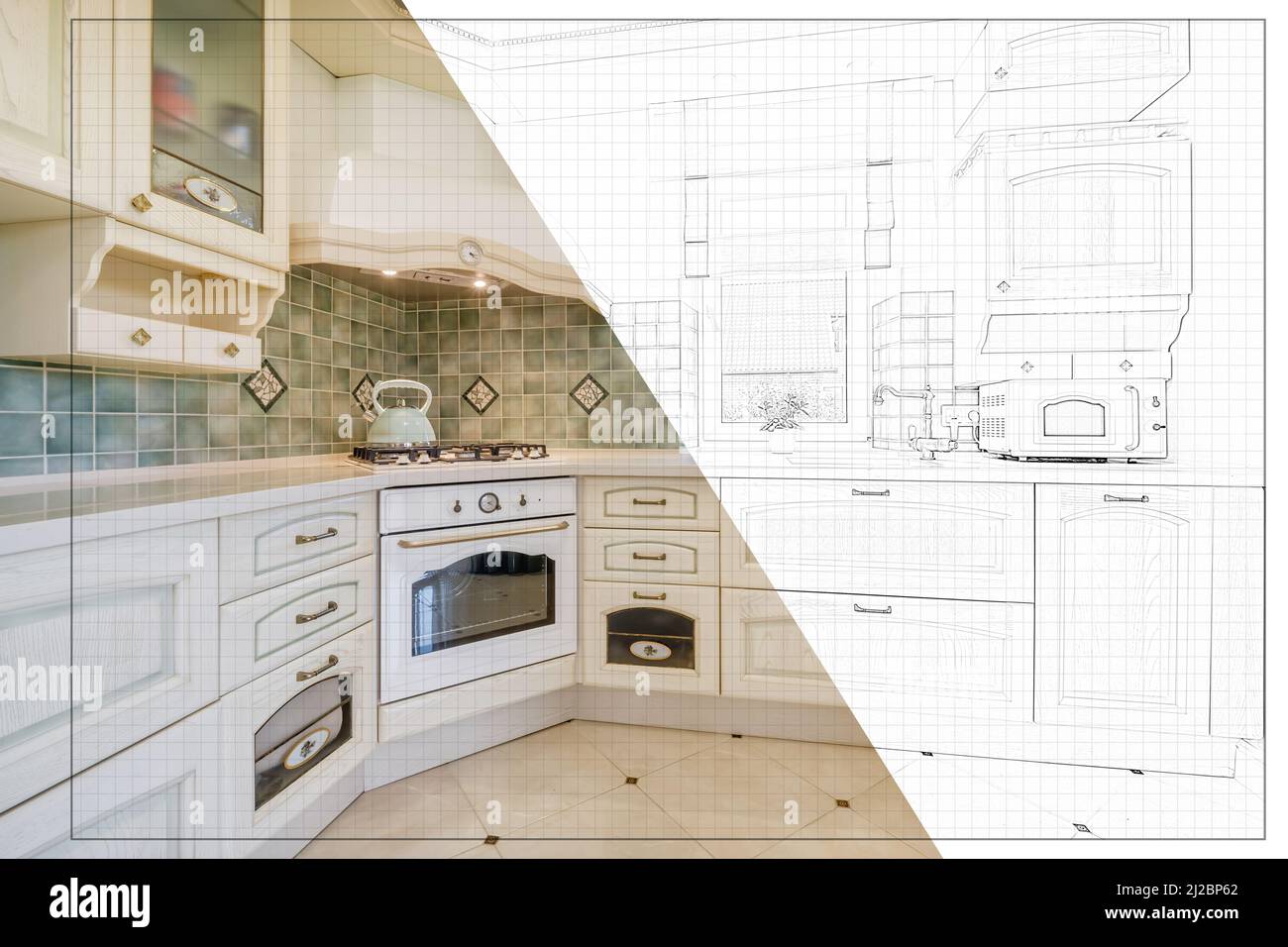 Interieur der modernen Küche in Wohnung in minimalistischem Stil mit Zeichnung aufgeteilt von der Idee bis zur Umsetzung des fertigen Produkts Stockfoto