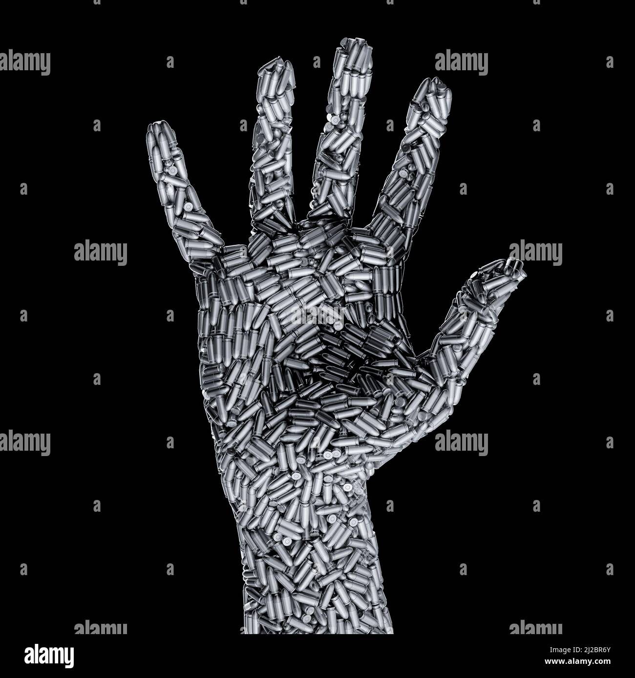 Stop gun violence Metapher - 3D Illustration von Pistolengeschossen, die menschliche Hand bilden, isoliert auf schwarzem Hintergrund Stockfoto