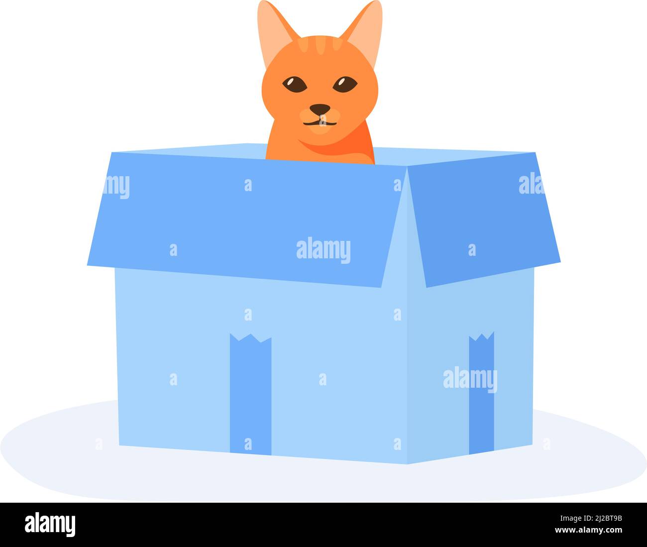 Ingwer-Katze sitzt in der Box. Niedliches Haustier spielt in einem Papierkoffer. Versteck- und Ruheplatz für flauschigen Untertaufer. Vektor mit flachem Stil Stock Vektor