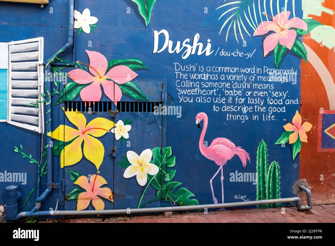 Künstlerische Wandmalerei des Papiamentu-Wortes "Sushi" in Willemstad, Curacao Stockfoto