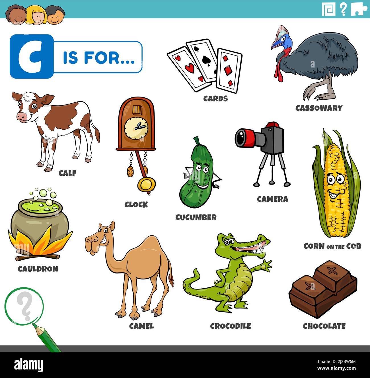 Pädagogische Cartoon-Illustration von Comic-Figuren und Objekte beginnend mit Buchstabe C für Kinder Stock Vektor