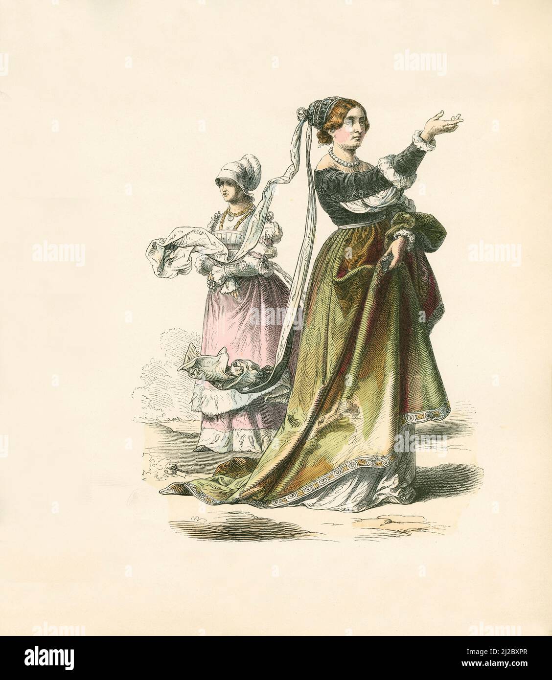 Zwei deutsche Frauen im Kostüm, erstes Drittel des 16.. Jahrhunderts, Illustration, die Geschichte des Kostüms, Braun & Schneider, München, Deutschland, 1861-1880 Stockfoto