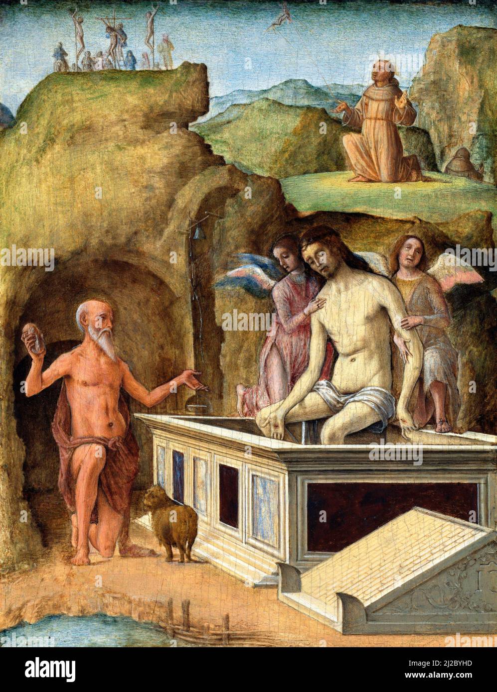 Der tote Christus (eine Tafel des Este Diptychons) des italienischen Künstlers der frühen Renaissance, Ercole de' Roberti (c. 1451-1496), Tempera auf Holz, c. 1490 Stockfoto