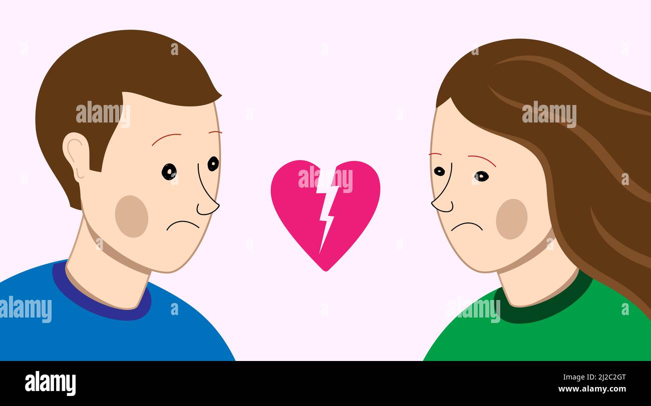 Gebrochene Beziehungen, Scheidung Konzept Vektor Illustration. Weißes Paar mit traurigen Gesichtern, die auf ein gebrochenes Herz blicken. Stock Vektor