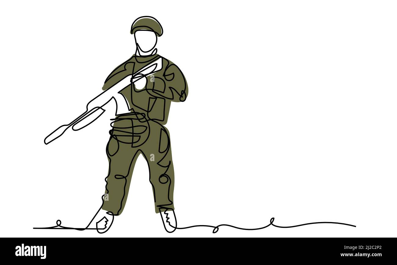 Soldat im vollen Wachstum mit der Waffe im Helm und khaki die militärische Form der Streitkräfte. Vektorgrafik. Eine fortlaufende Linie Art Zeichnung Hintergrund Stock Vektor