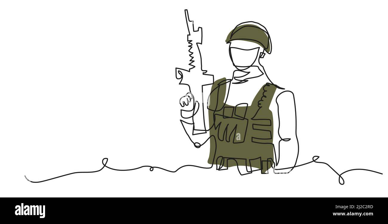 Der Soldat mit der Waffe im Helm und khaki die militärische Form der bewaffneten Kraft. Vektorgrafik. Eine kontinuierliche Linie Art Zeichnung Hintergrund, Banner, Poster Stock Vektor