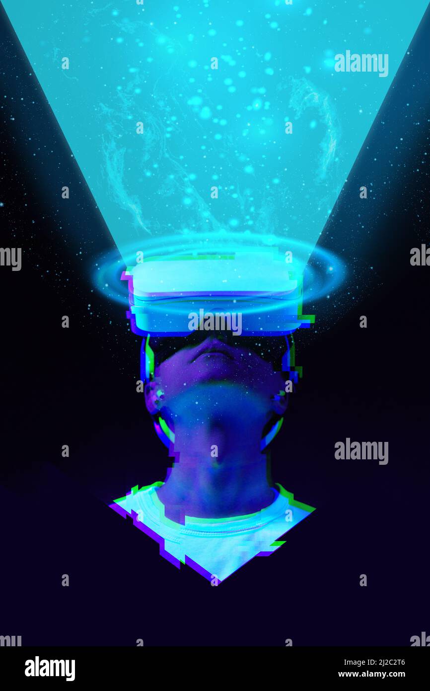 Der Mensch verwendet ein Virtual-Reality-Headset. Elemente dieses Bildes, die von der NASA eingerichtet wurden. Konzept der virtuellen, erweiterten und erweiterten Realität, Zukunftstechnologie, Stockfoto