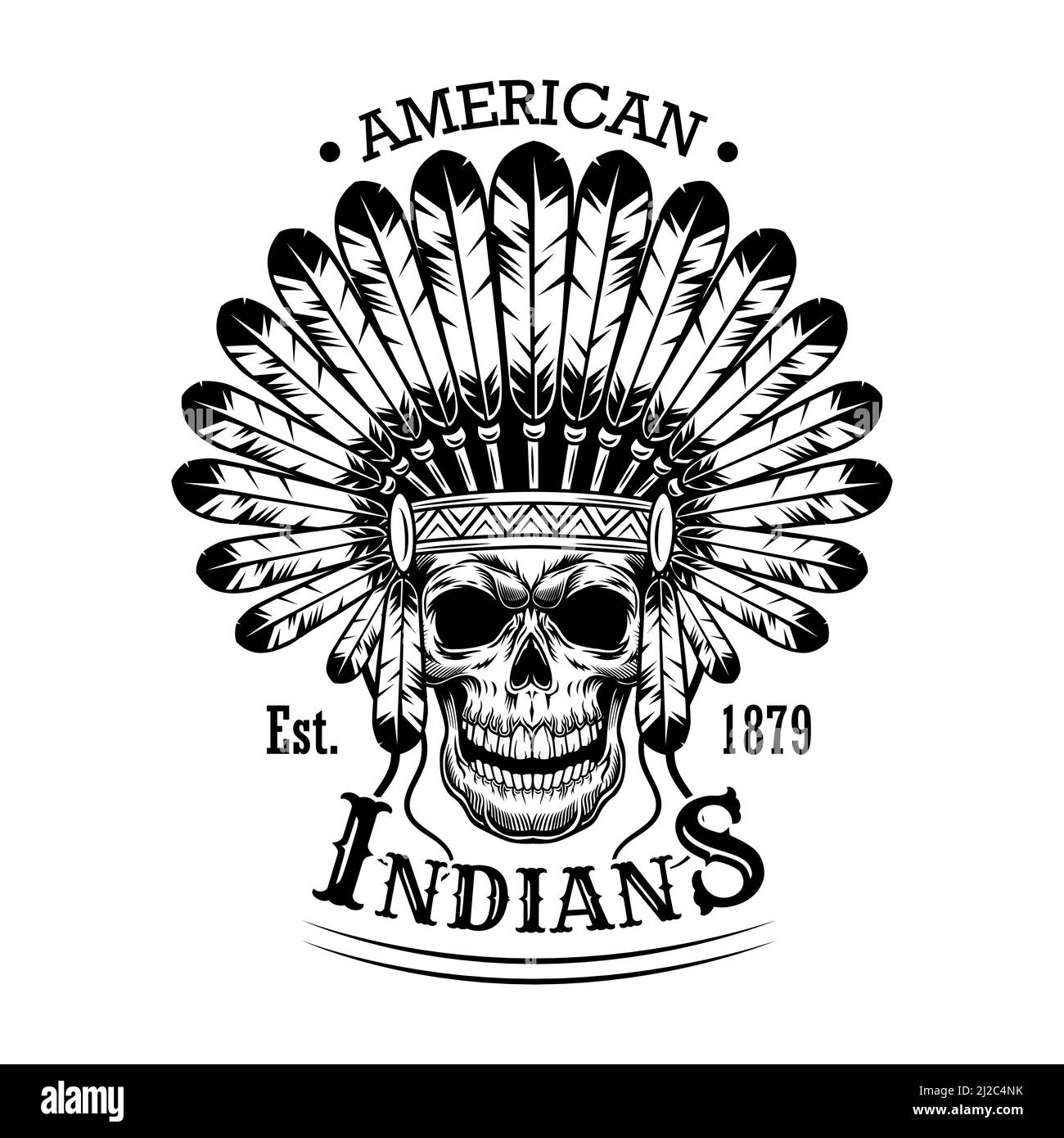 American Indian Schädel Vektor Illustration. Kopf aus Skelett mit Federkopfschmuck und Text. Indianer und Red Indian Konzept für Embleme oder la Stock Vektor
