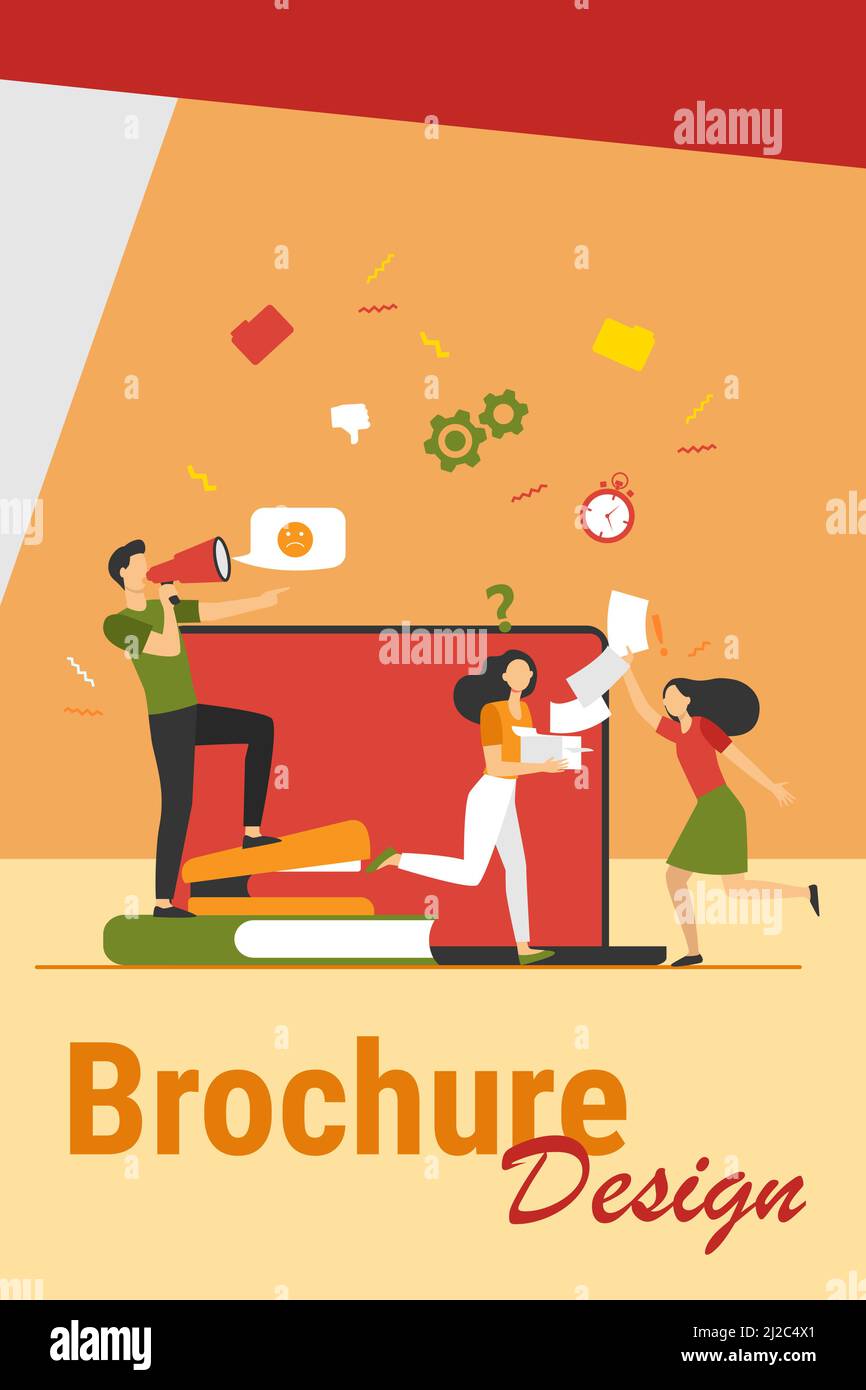 Wütender Chef mit Megaphon, das Mitarbeiter anruft, weil die Frist nicht eingehalten wurde. Büroangestellte laufen in Chaos, Panik und Eile. Vektorgrafik für Überwund Stock Vektor