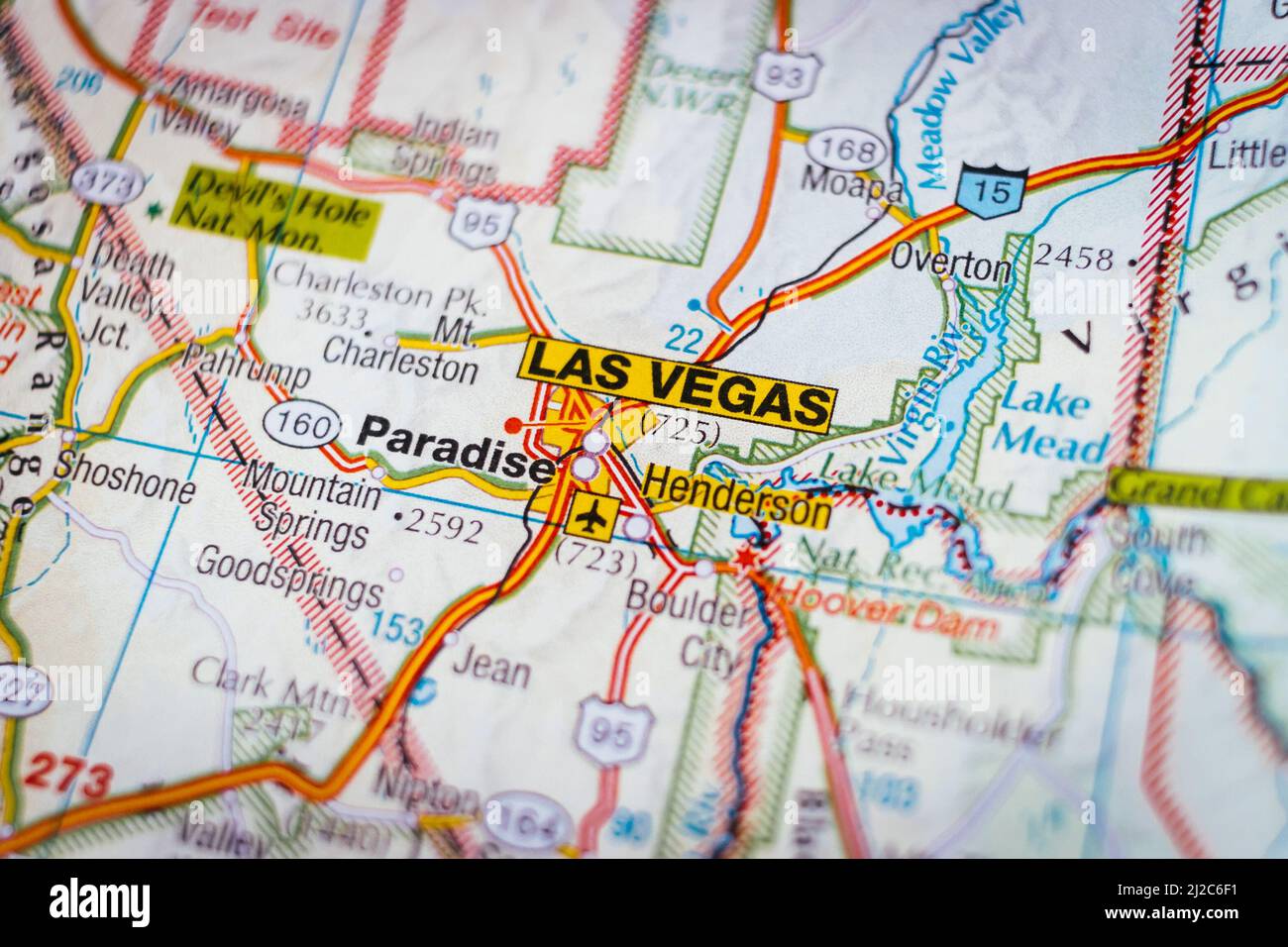 Geografische Ansicht von Las Vegas, Paradise und nahe gelegenen Orten. Lage der Städte und Städte der USA Stockfoto