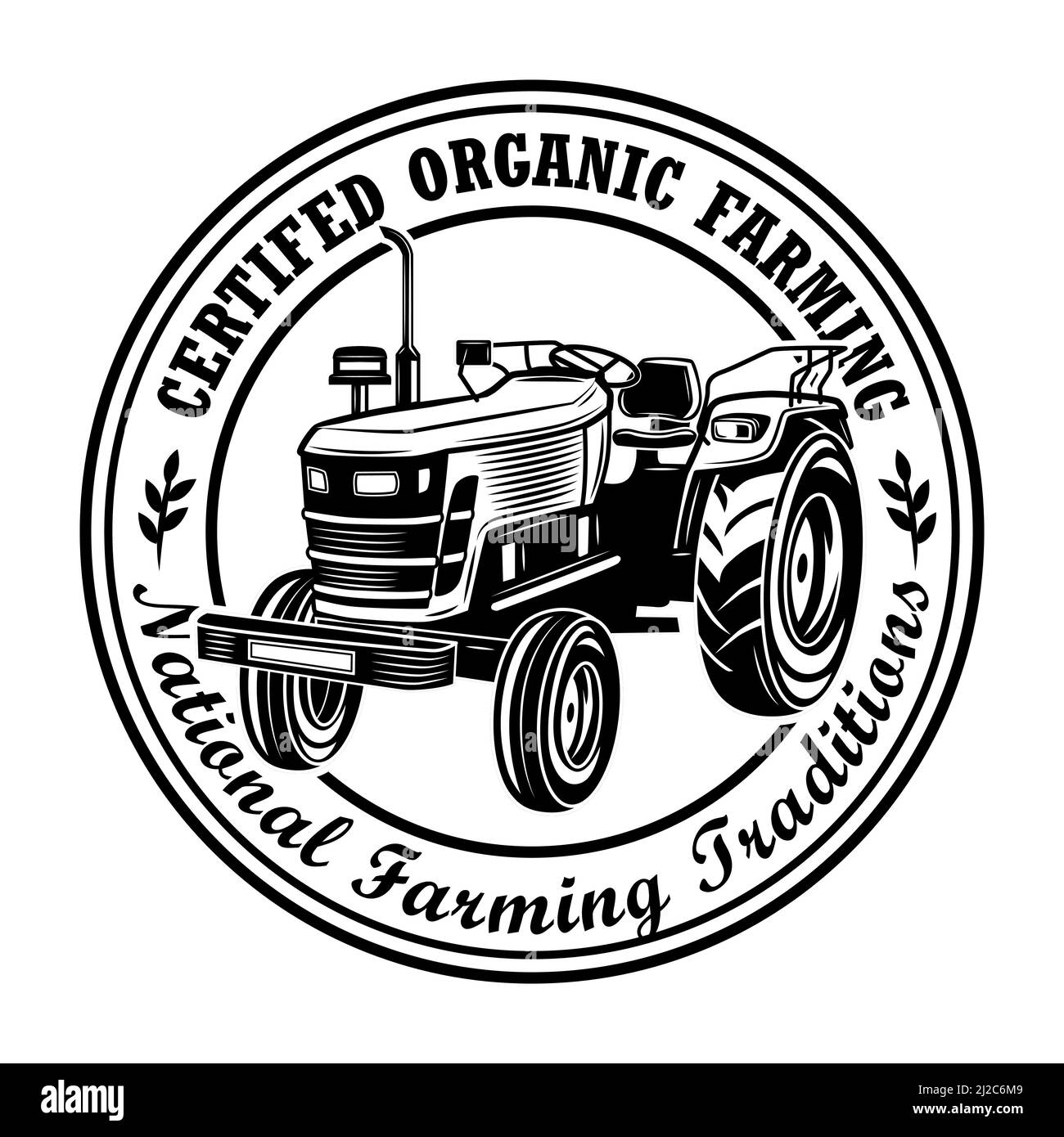 Zertifizierte Bio-Landwirtschaft Stempel Vektor Illustration. Landwirt Traktor, kreisförmigen Rahmen, nationale Traditionen Text. Landwirtschaft oder Agronomie Konzept für em Stock Vektor