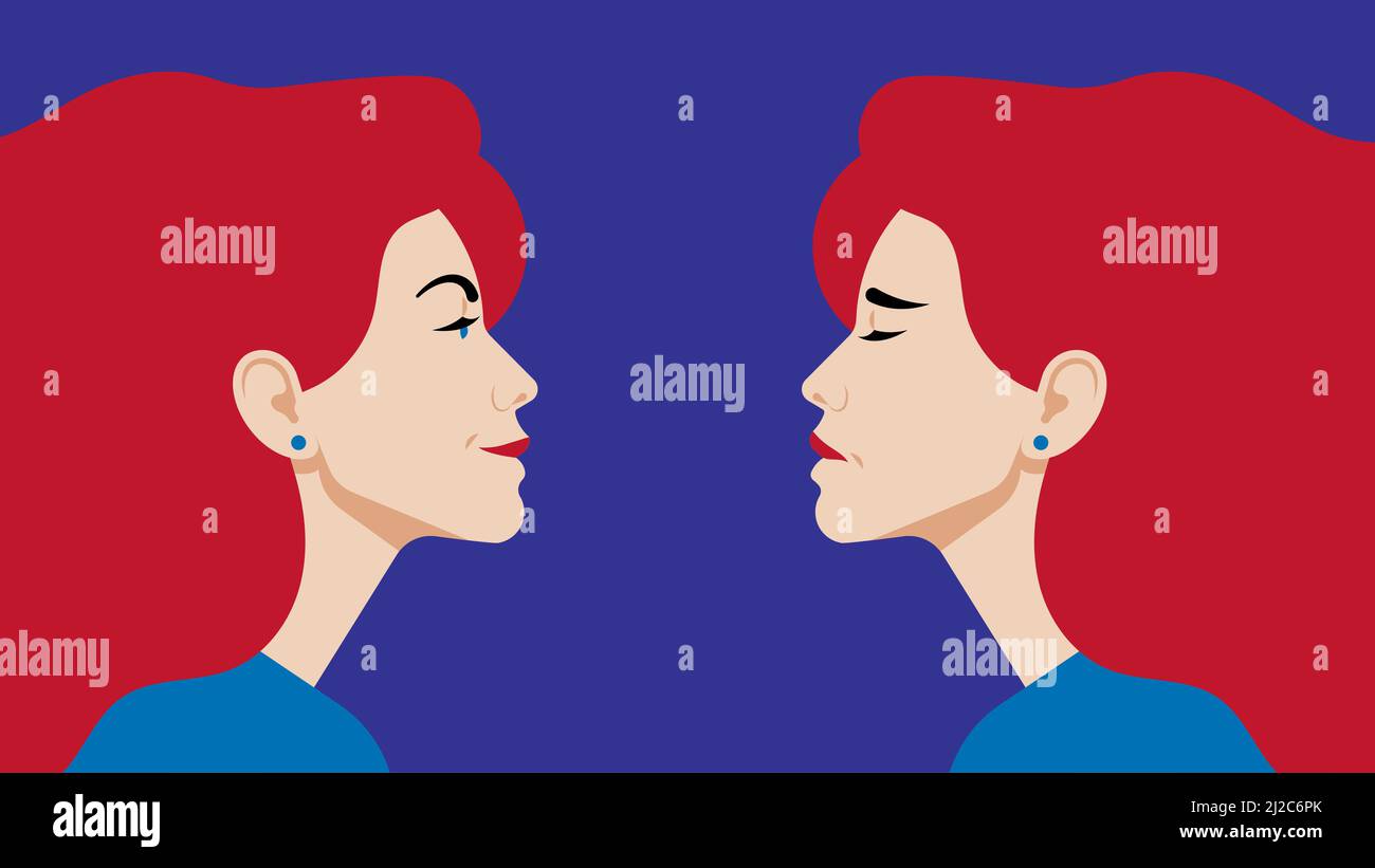 Bipolare Störung. Porträt einer Frau im Profil bei Depressionen und guter Laune. Zwei weibliche Gesichter von der Seite. Vektorgrafik im flachen Stil Stock Vektor