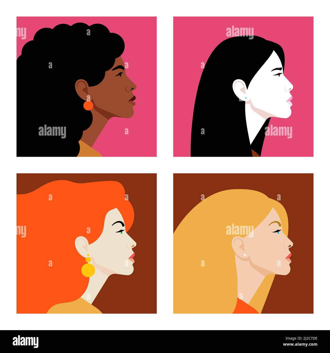 Gesichter von Frauen im Profil. Frauen unterschiedlicher Nationalitäten und Kulturen. Vielfalt. Avatare. Vektorgrafik flach Stock Vektor