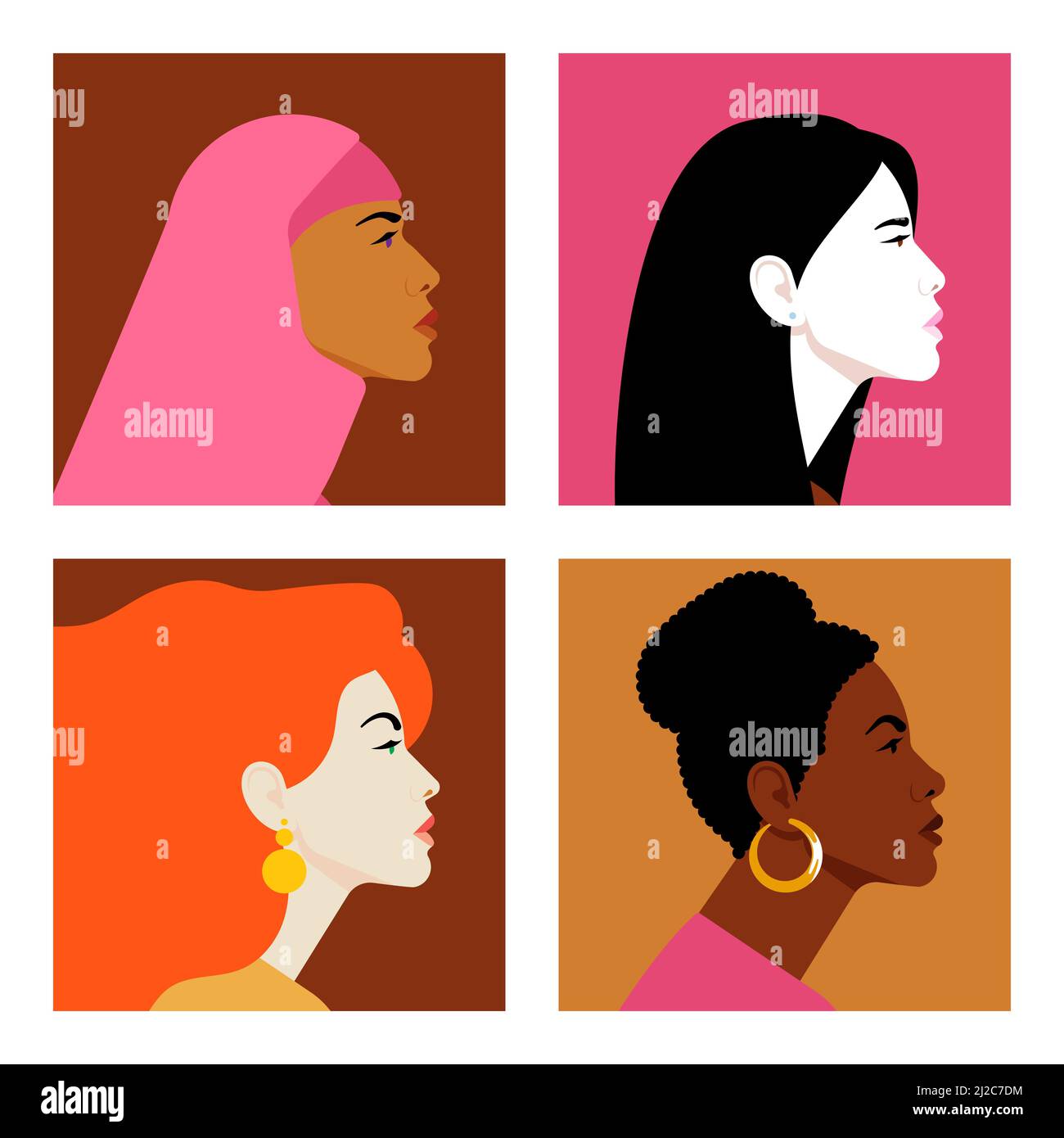 Gesichter von Frauen im Profil. Frauen unterschiedlicher Nationalitäten und Kulturen. Vielfalt. Avatare. Vektorgrafik flach Stock Vektor