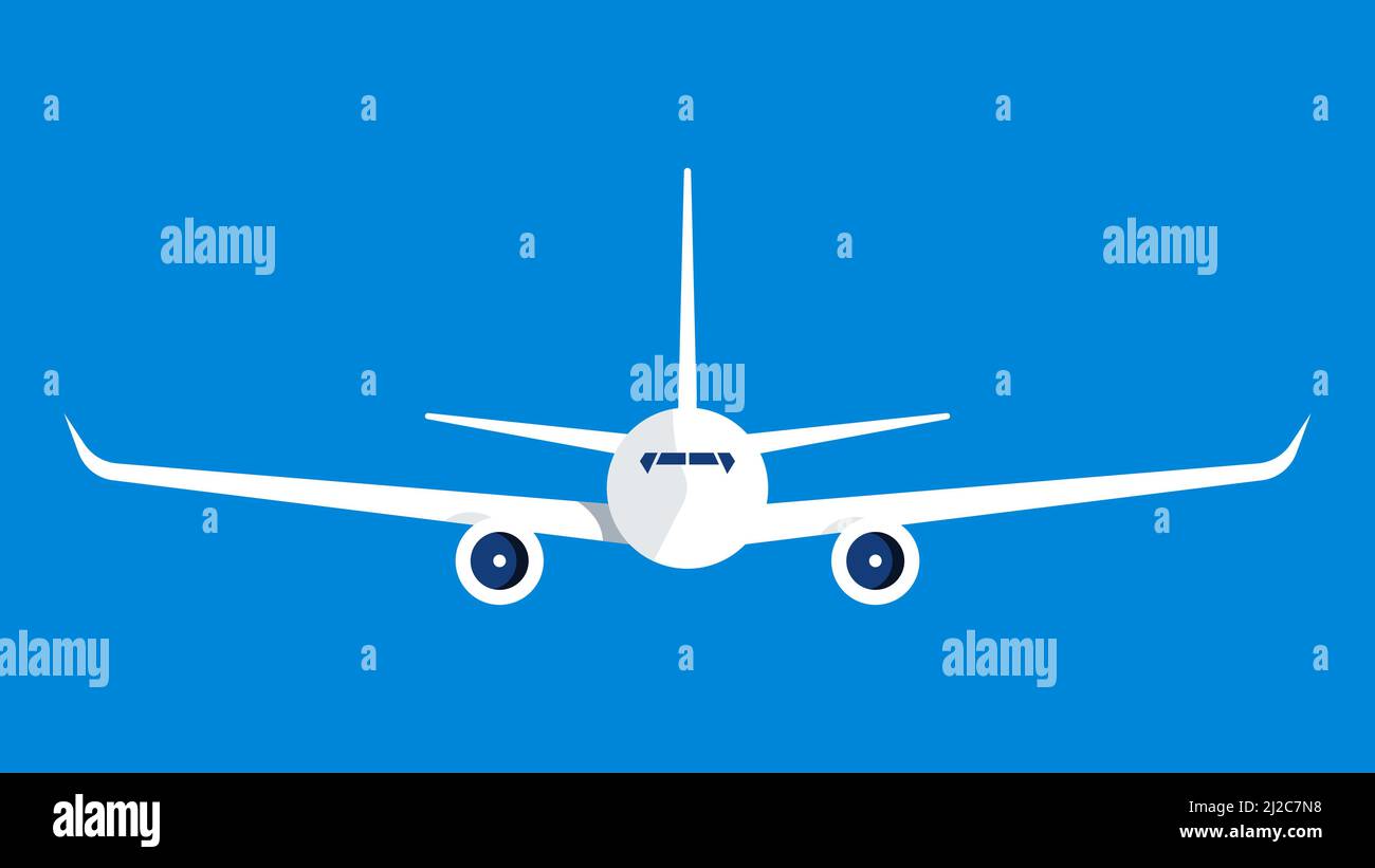 Fliegende Ebene, Frontprojektion. Großer Passagierliner am blauen Himmel. Moderne, flache Illustration. Speicherplatz kopieren. Stock Vektor