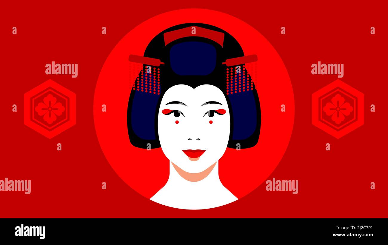 Geisha Portrait - japanische Geisha mit Make-up, Frisur, Haarnadeln. Nahaufnahme des weiblichen Gesichts auf rotem Hintergrund. Konzept der japanischen Kultur, traditionell Stock Vektor
