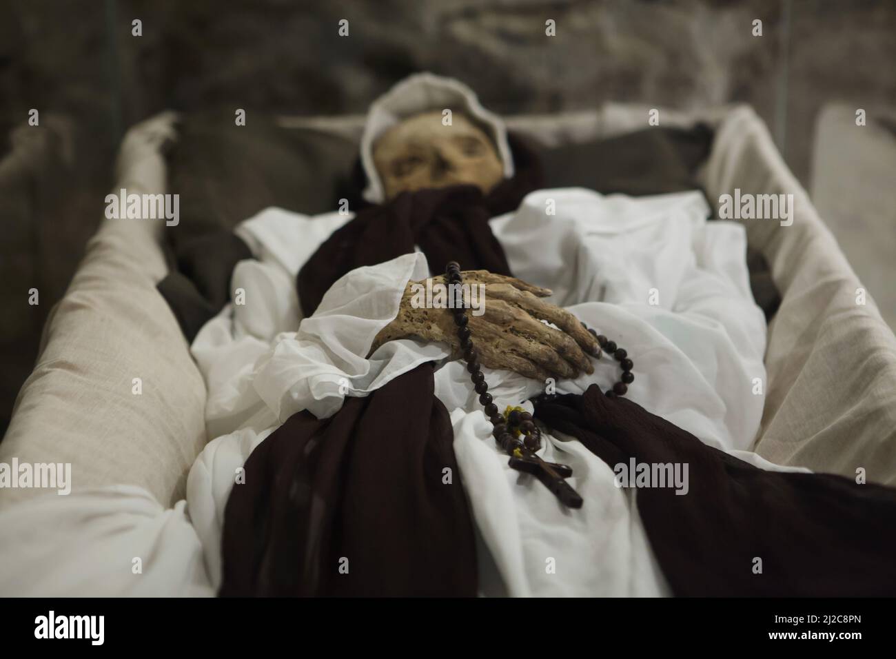 Weibliche Mumie in der Memento Mori Krypta im Tragor Ignác Museum (Tragor Ignác Múzeum) in Vác, Ungarn. Die gut erhaltenen mumifizierten Leichen aus den Jahren um 1730 bis 1830 wurden 1994 in der nahe gelegenen Krypta der Dominikanerkirche gefunden. Mehrere Mumien wurden verlegt, um in der Memento Mori Krypta im örtlichen Museum ausgestellt zu werden. Stockfoto