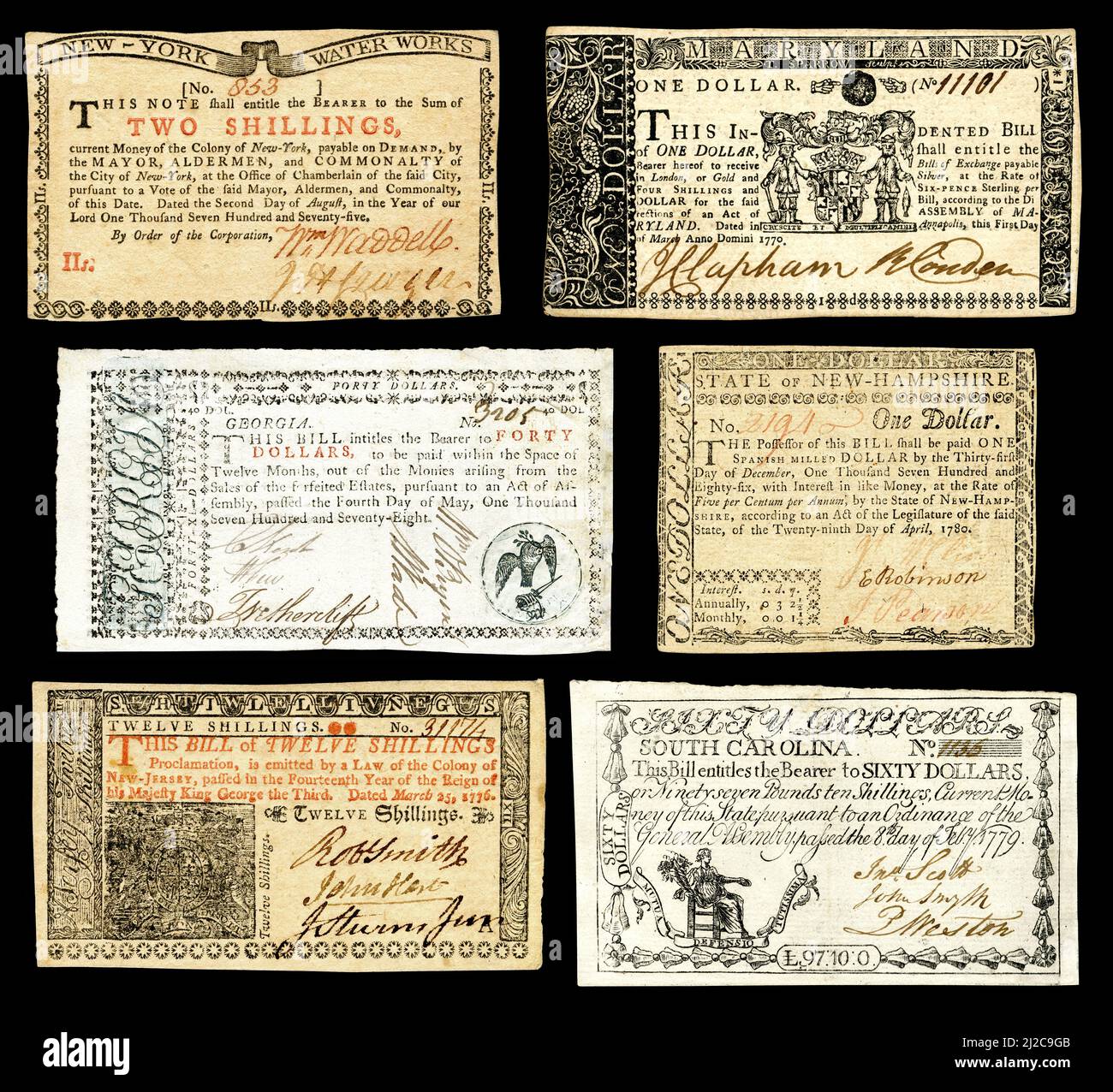 US-Kolonialwährung aus New Hampshire (1780), South Carolina (1779), Georgia (1787), Maryland (1770), New Jersey (1776), Und New York (1775) Stockfoto