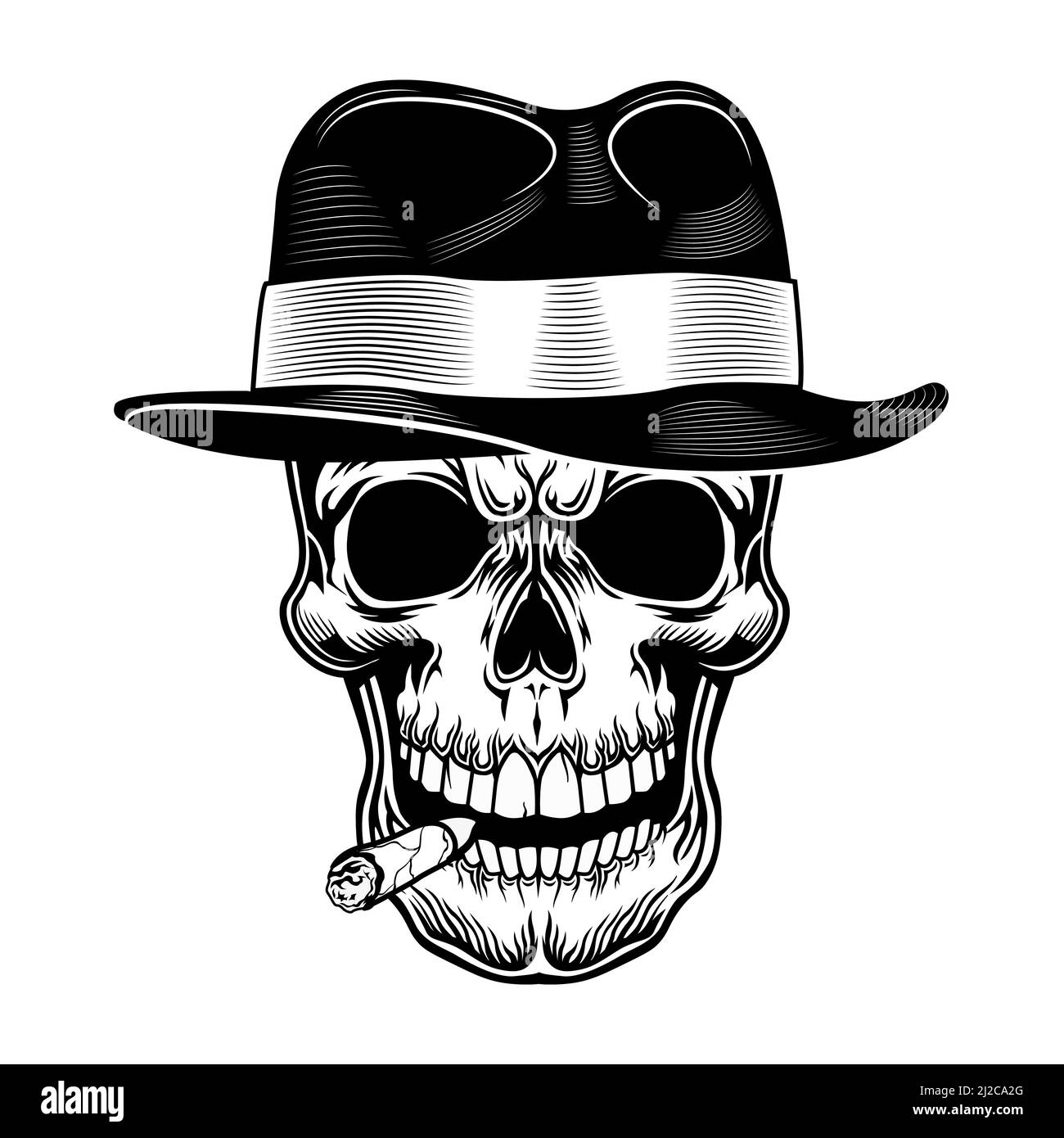 Gangster Schädel Vektor Illustration. Kopf des Skeletts in Hut mit Zigarre im Mund. Kriminelles und Mafia-Konzept für Bandenembleme oder Tattoo-Vorlagen Stock Vektor