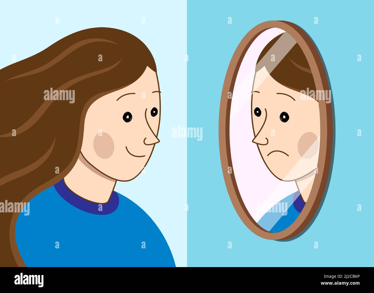 Lächelnde Frau, die auf ihr trauriges Gesicht schaut, Spiegelung im Spiegel. Vektordarstellung „Angst oder mentales Problem“. Stock Vektor