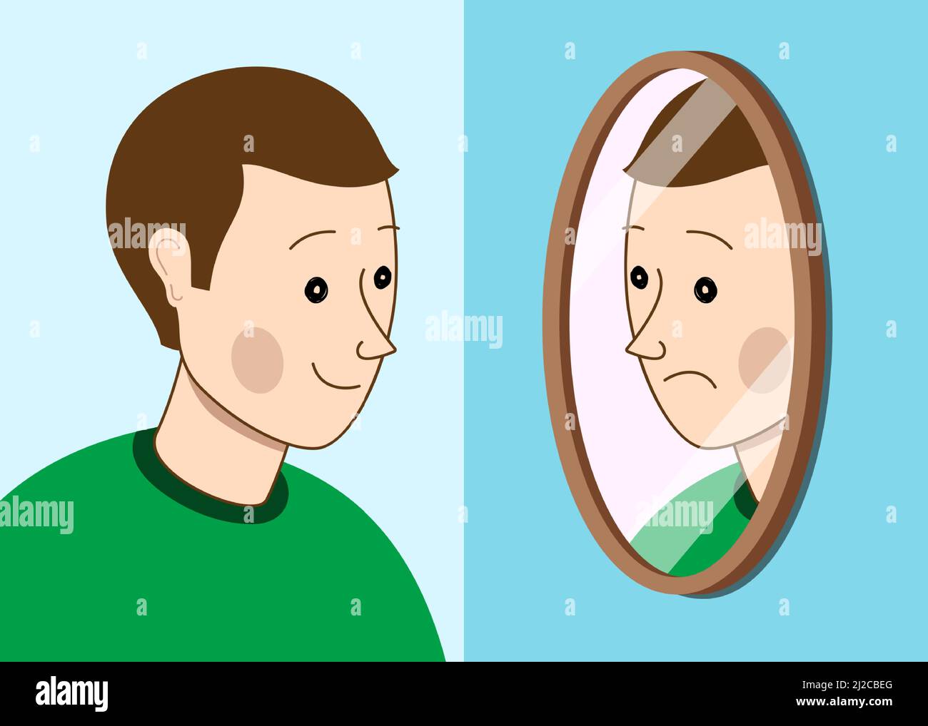 Lächelnder Mann, der auf sein trauriges Gesicht schaut, Spiegelung im Spiegel. Vektordarstellung „Angst oder mentales Problem“. Stock Vektor