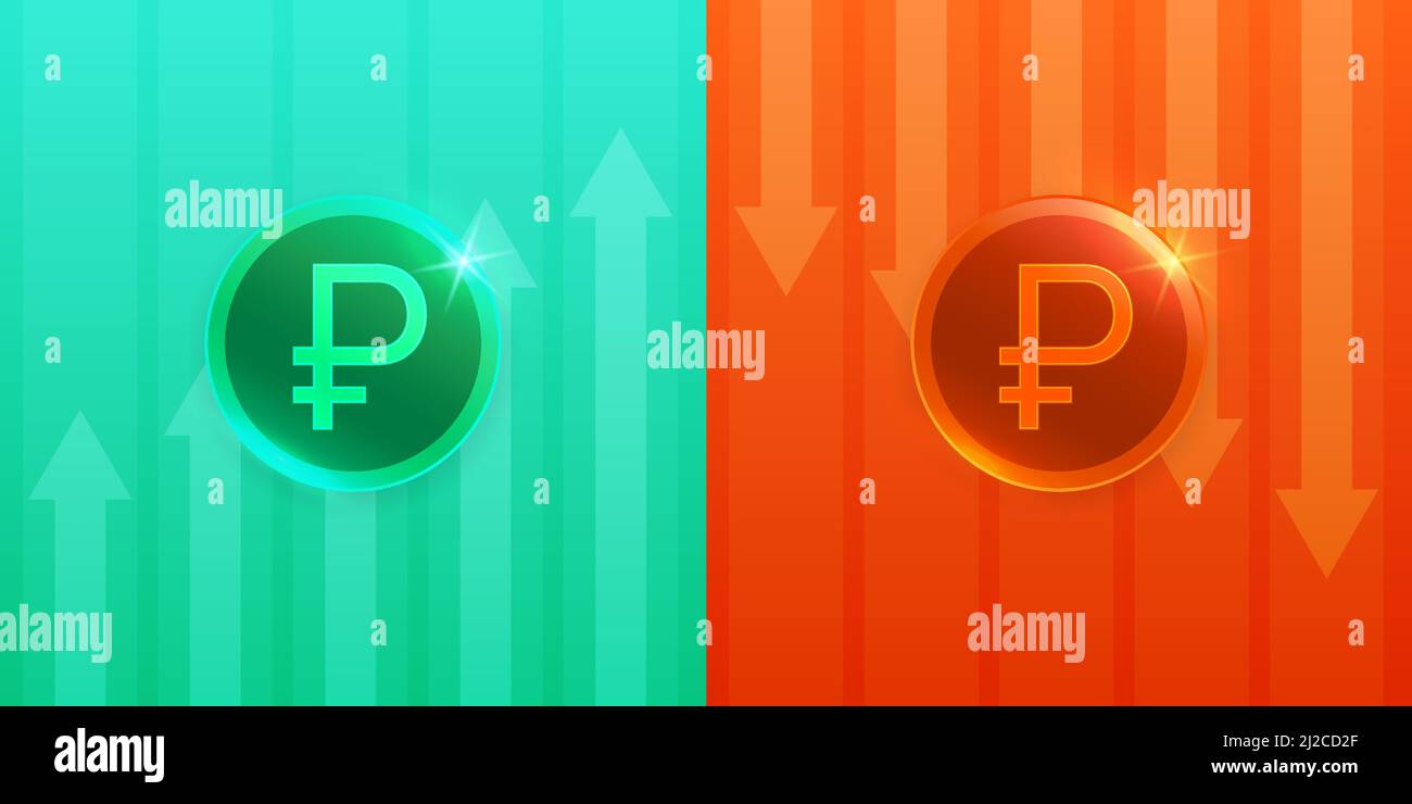 Kosten russischen Rubel auf und ab Zeichen mit Pfeil. Vektorgrafik Stock Vektor