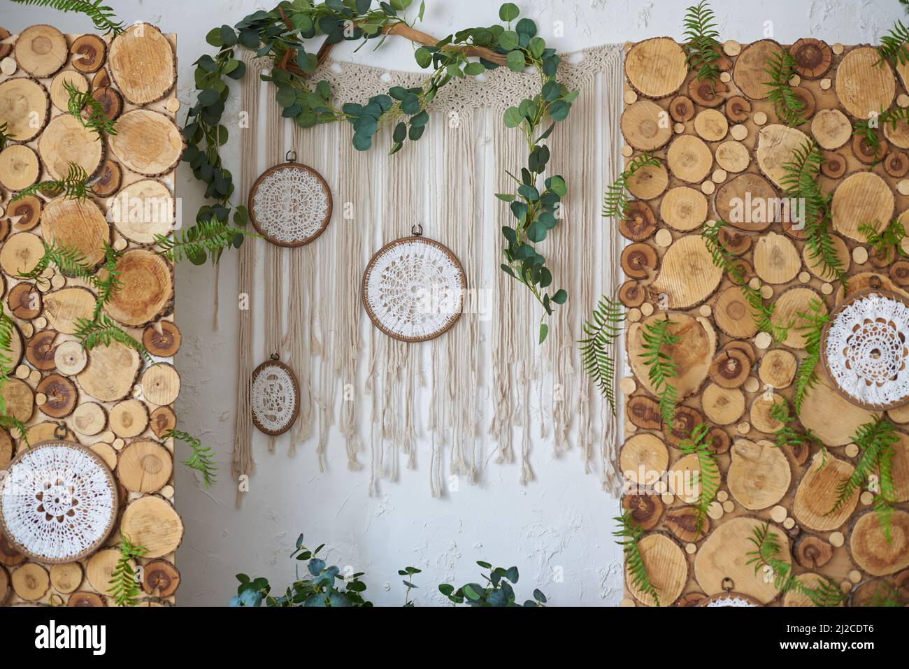 Wanddekoration in Boho und rustikalem Stil Stockfoto