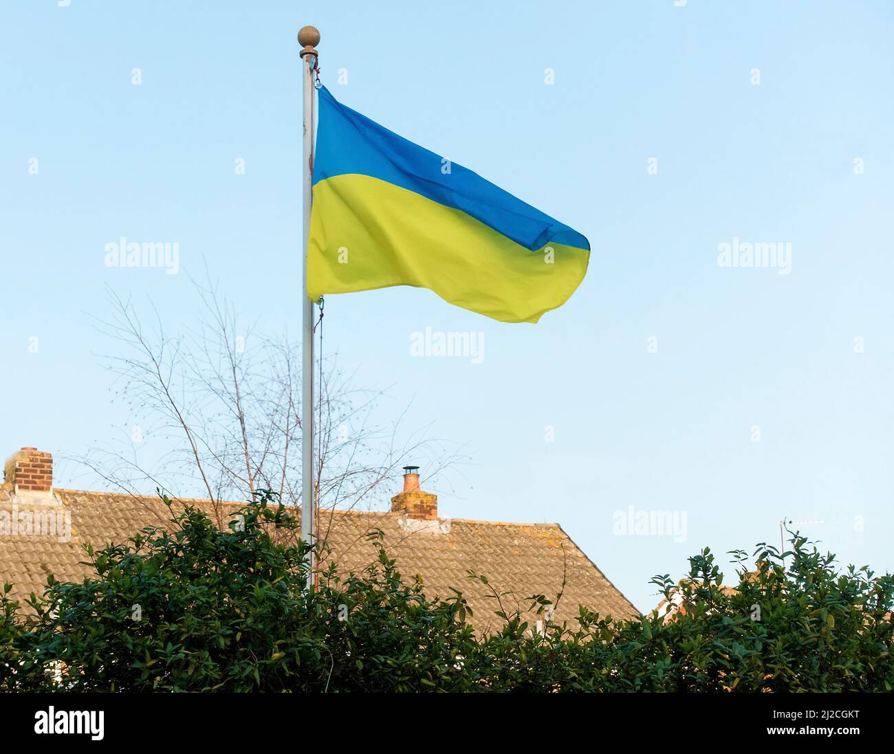 Ukrainische Flagge in England, Großbritannien flog in Solidarität mit der Ukraine während der russischen Invasion der Ukraine 2022 Stockfoto