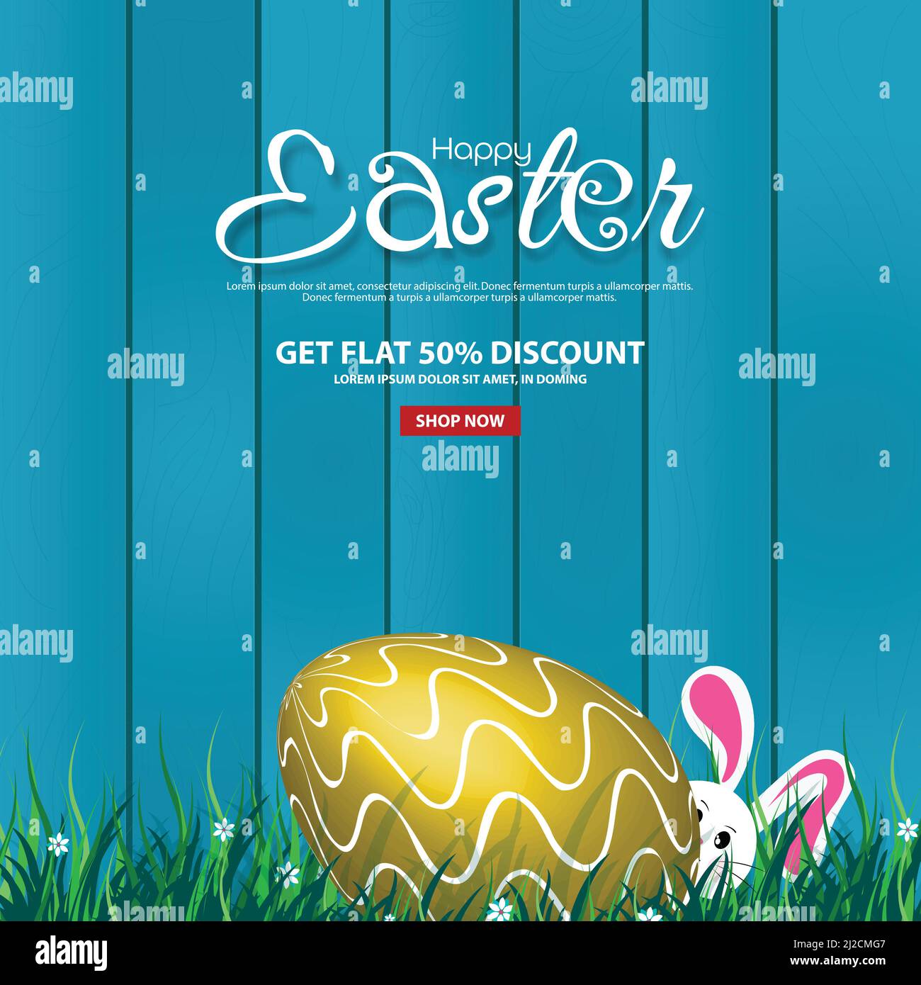 Ostern Sales Banner 50% Rabatt Vorlage schöne Kaninchen spähe aus hinter Eiern auf einem hölzernen Hintergrund. Vektorgrafik. Stock Vektor