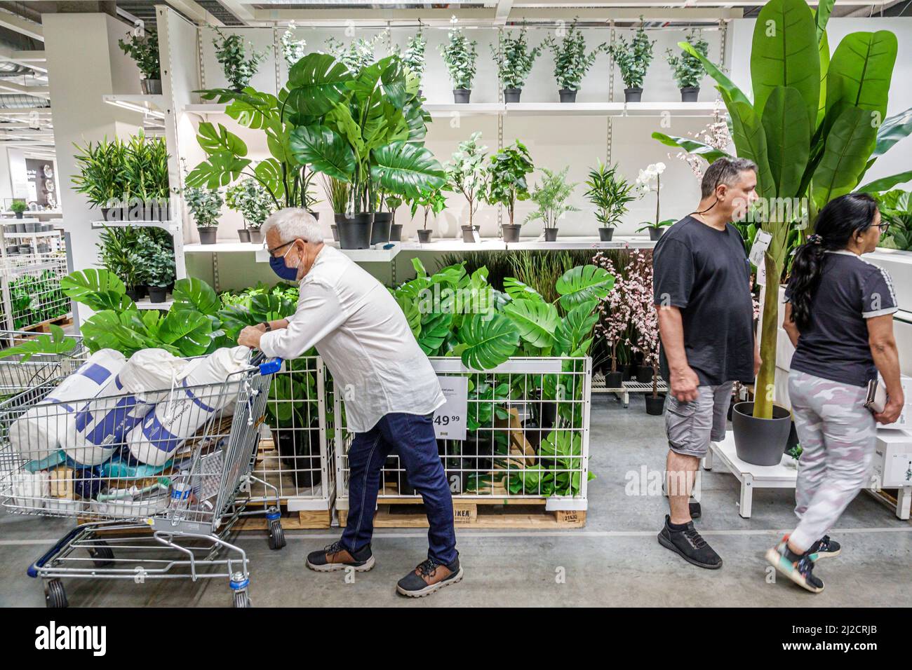 Miami Florida IKEA Wohnartikel Möbel Accessoires Möbel Dekor Shopping Shopper innen Innenauslage Verkauf Mann paar Wagen Trolley Pflanzen Stockfoto