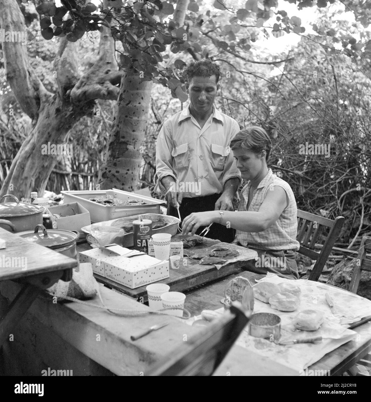 Frau Everts bereitet sich auf ein Essen im Freien vor ca.: 1. Oktober 1955 Stockfoto