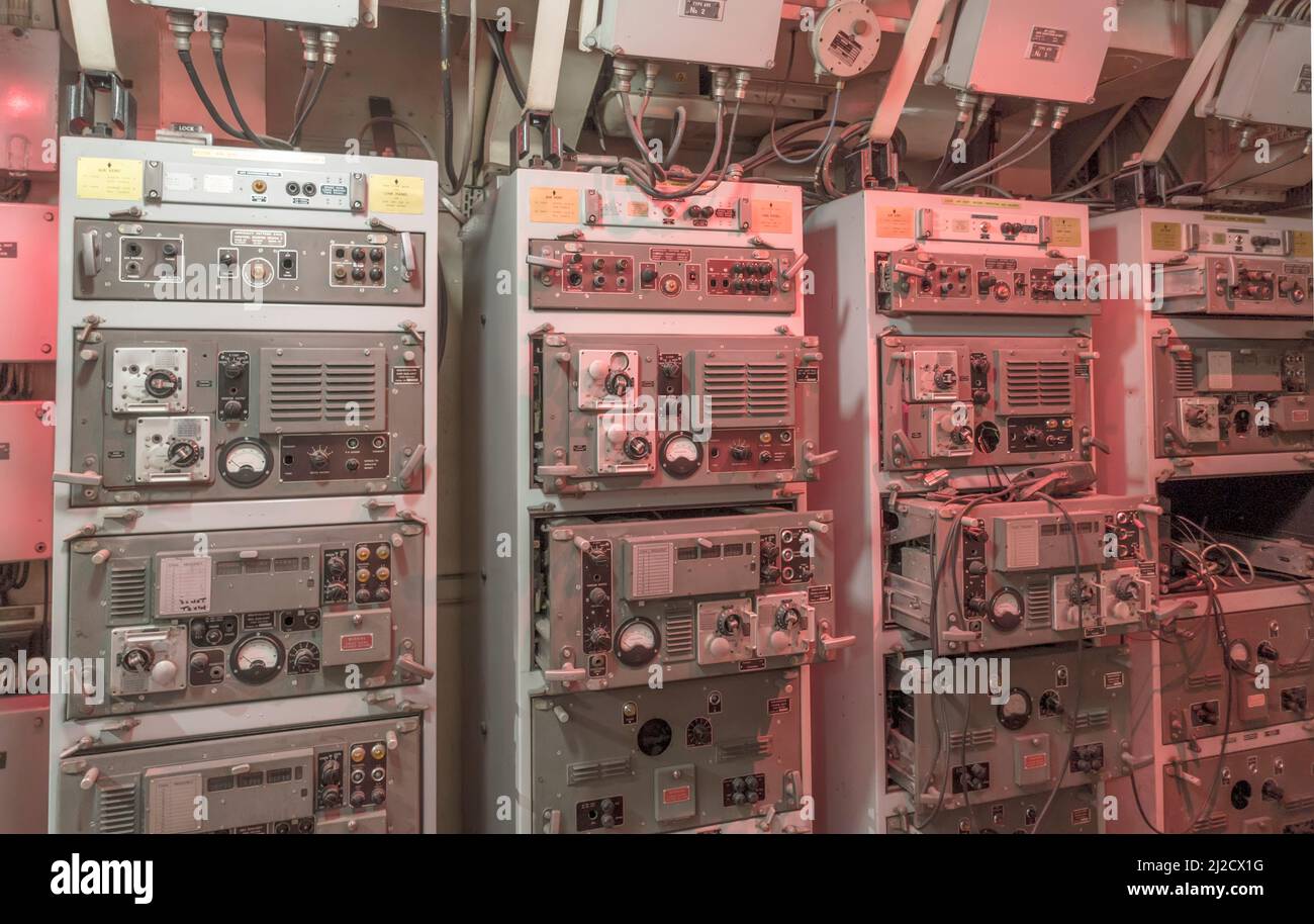 Funkübertragungstechnik auf dem britischen Kriegsschiff HMS Belfast Stockfoto