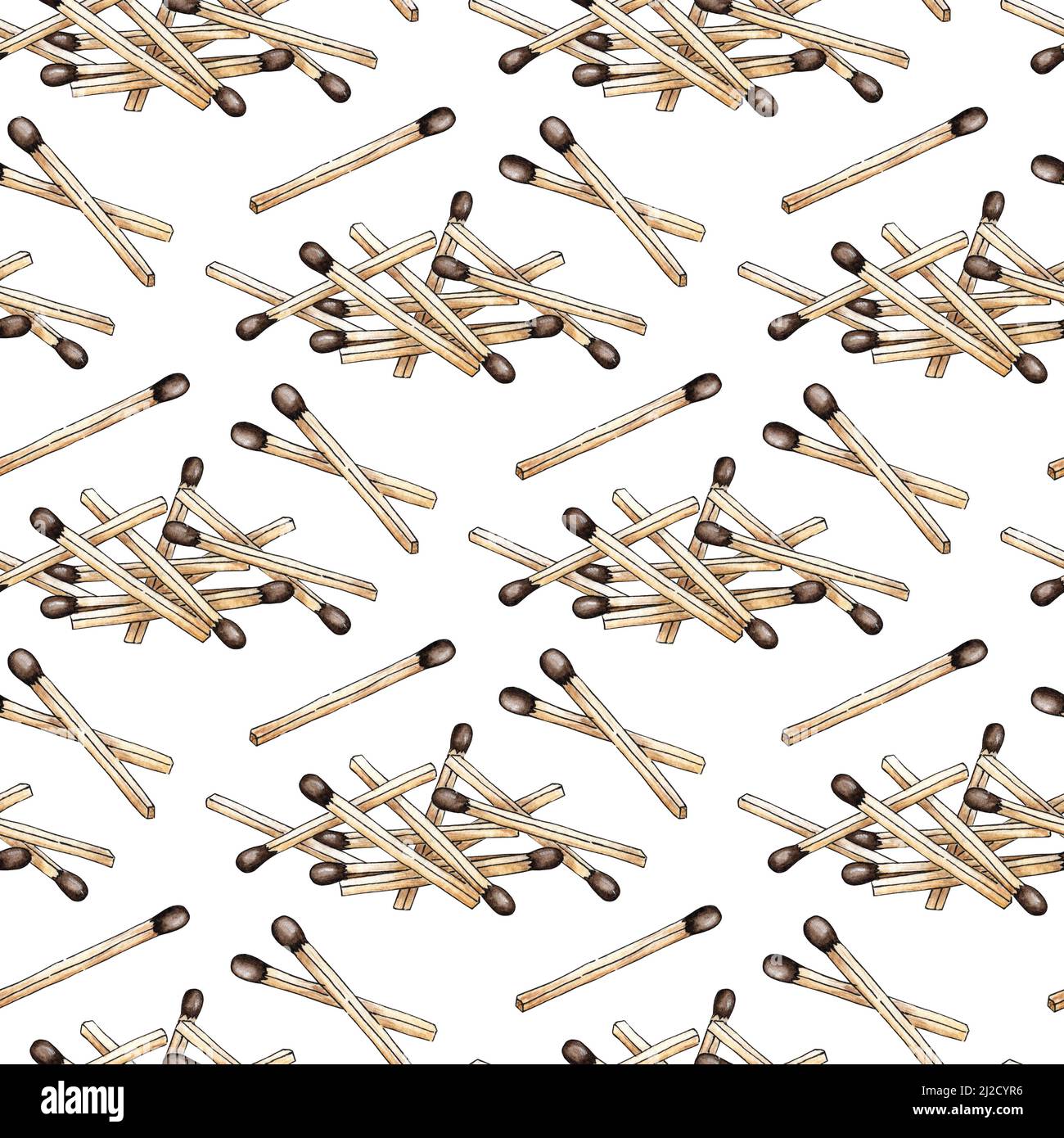 Aquarell-Illustration eines Musters von verstreuten Übereinstimmungen. Nahtloser Wiederholungsdruck wird zur Flamme. Zünden Sie das Feuer an. Verbrannter Holzstab. Handgezeichnete Kritzeleien. Stockfoto